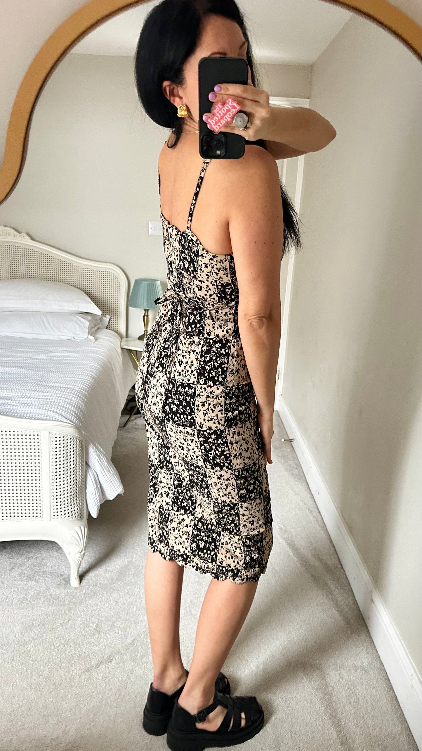 Anthropologie black beige floral chequered midi small UK 10 vgc holiday