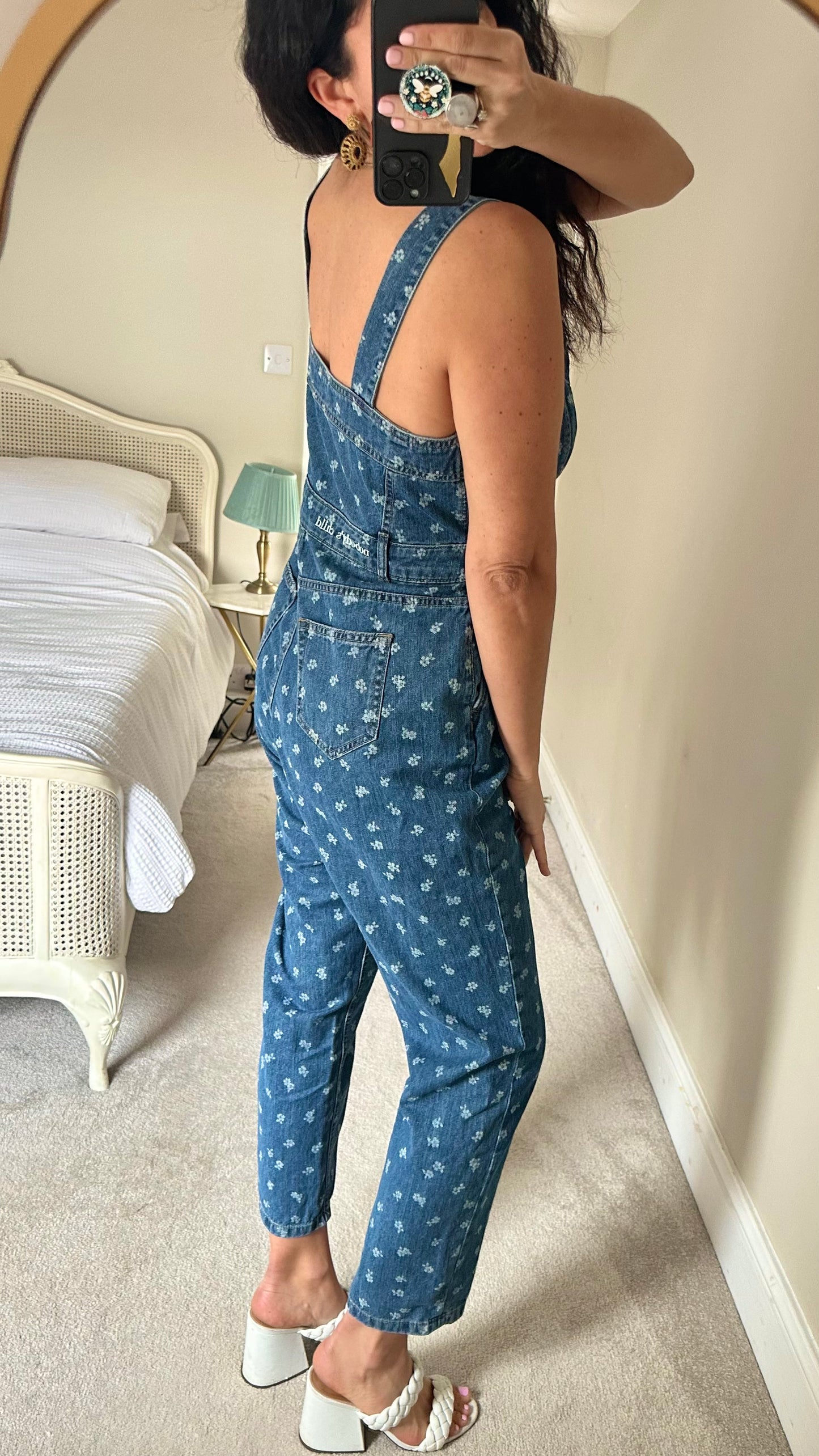 Nobody’s Child denim jeans button up dungaree jumpsuit playsuit suit floral medium extra large UK 10 14