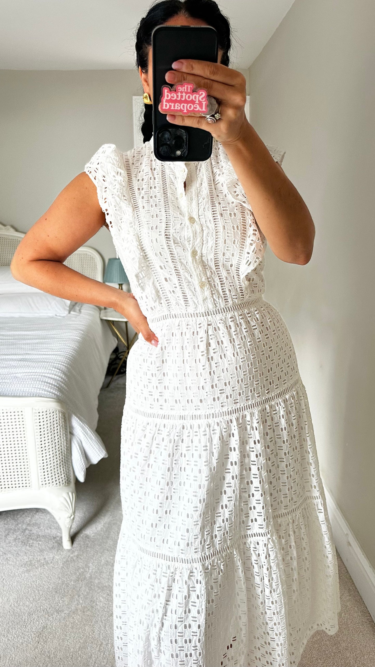 Jigsaw white broderie anglaise long midi holiday dress small UK 10 vgc
