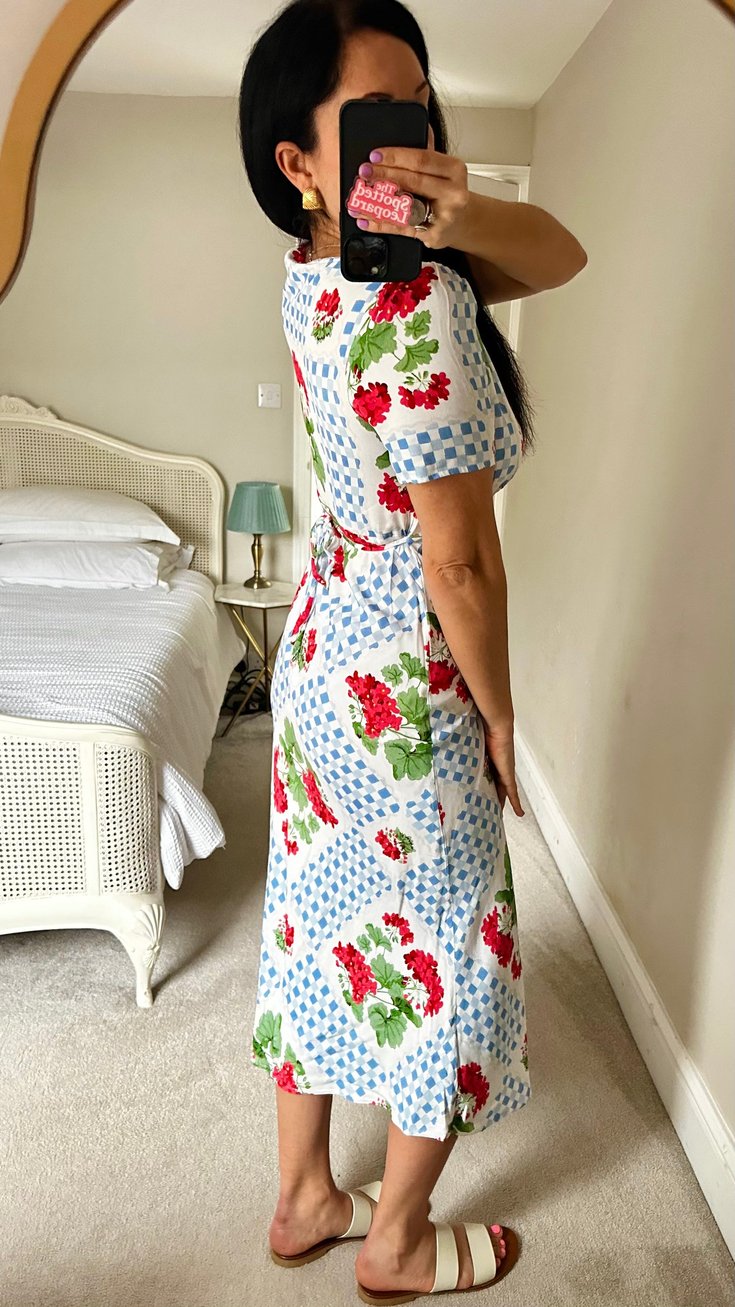 Nobody’s Child light blue white gingham check red floral midi long dress small UK 10 vgc