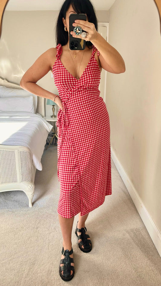 & other stories red white gingham check wrap midi long dress UK 8 10 14 vgc