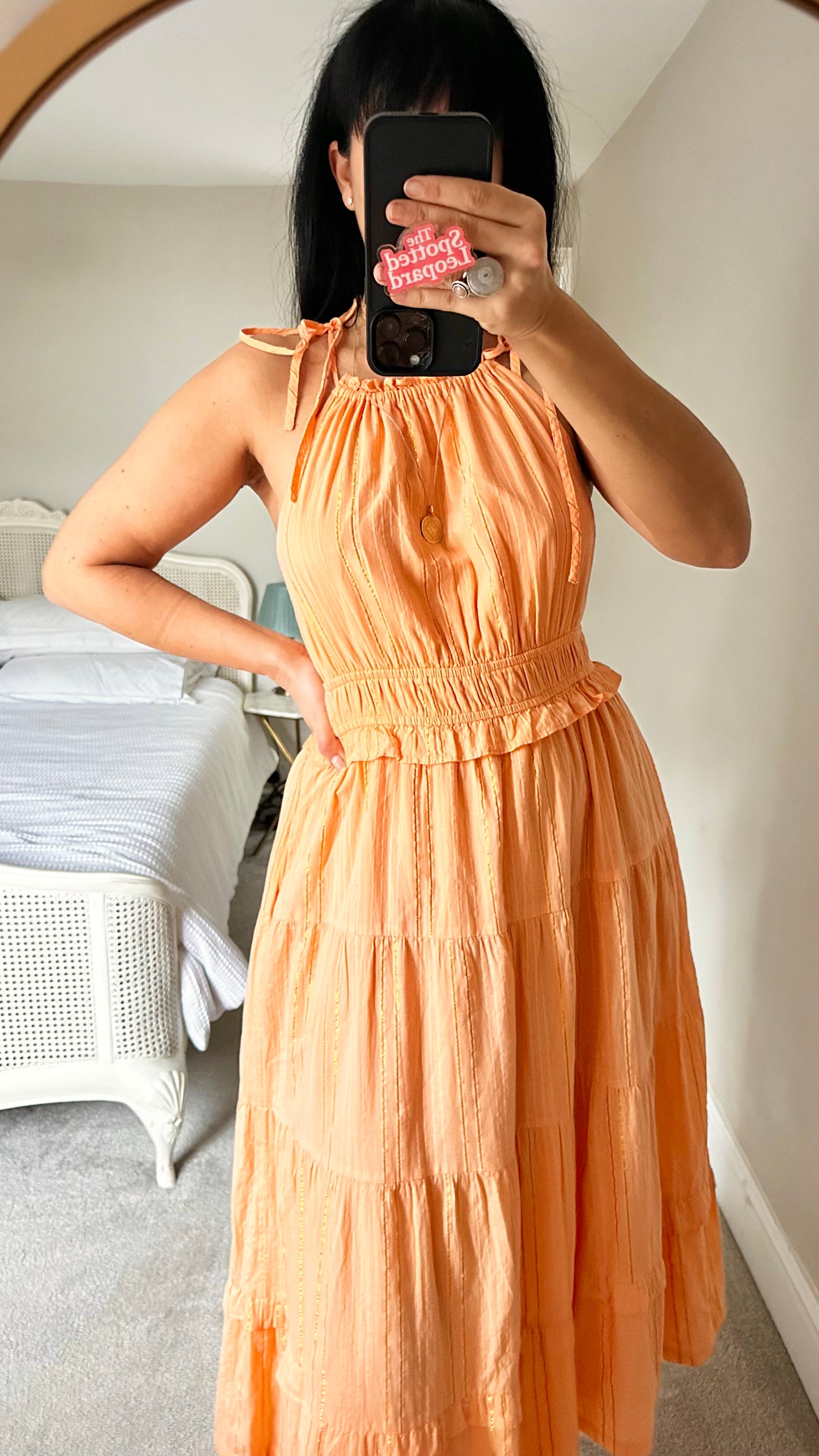 Oliver Bonas Orange gold stripe holiday midi long dress medium UK 12 vgc