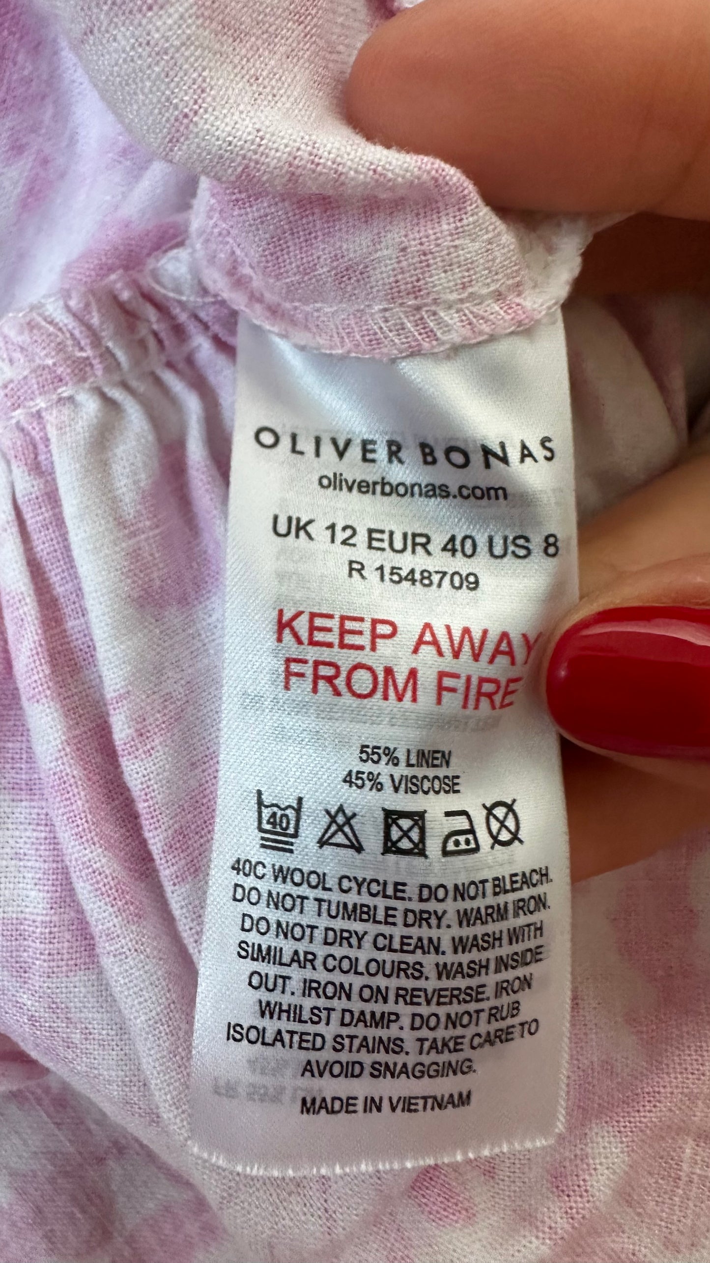 Oliver Bonas rose light pink white floral linen blend button up midi long dress medium UK 12 vgc