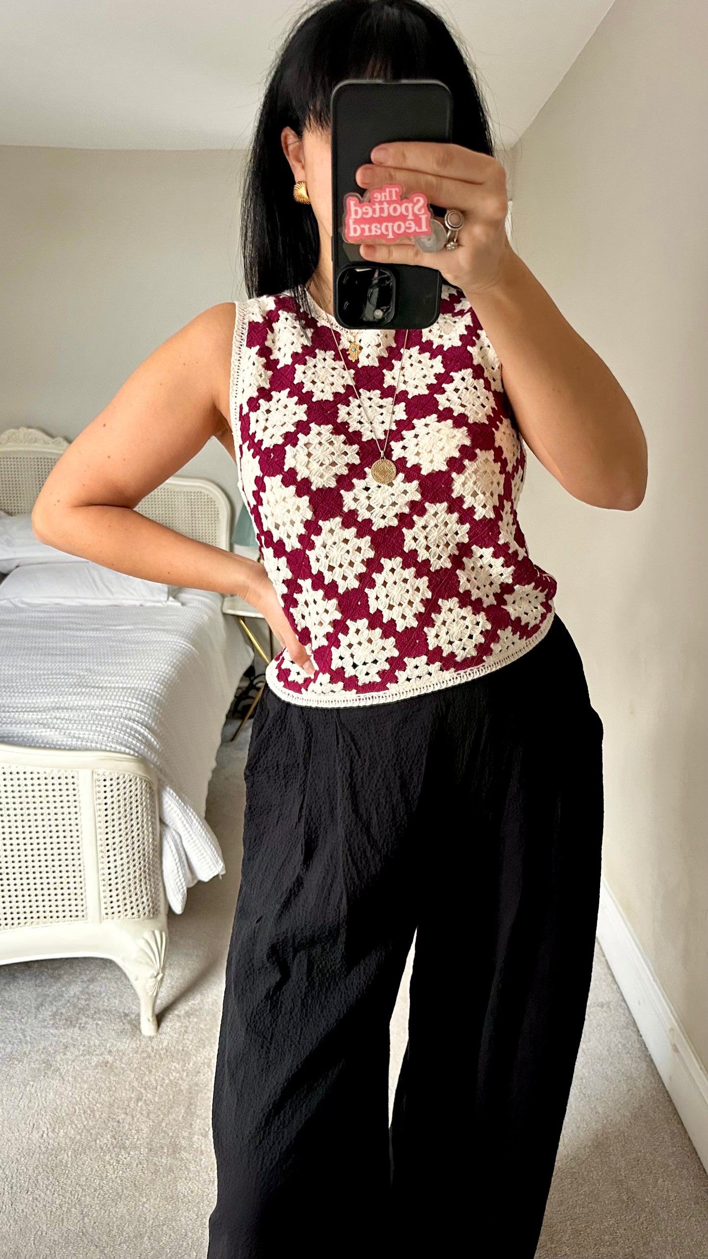 Suncoo burgundy cream check gingham crochet knitted tank top UK 10 new bnwt