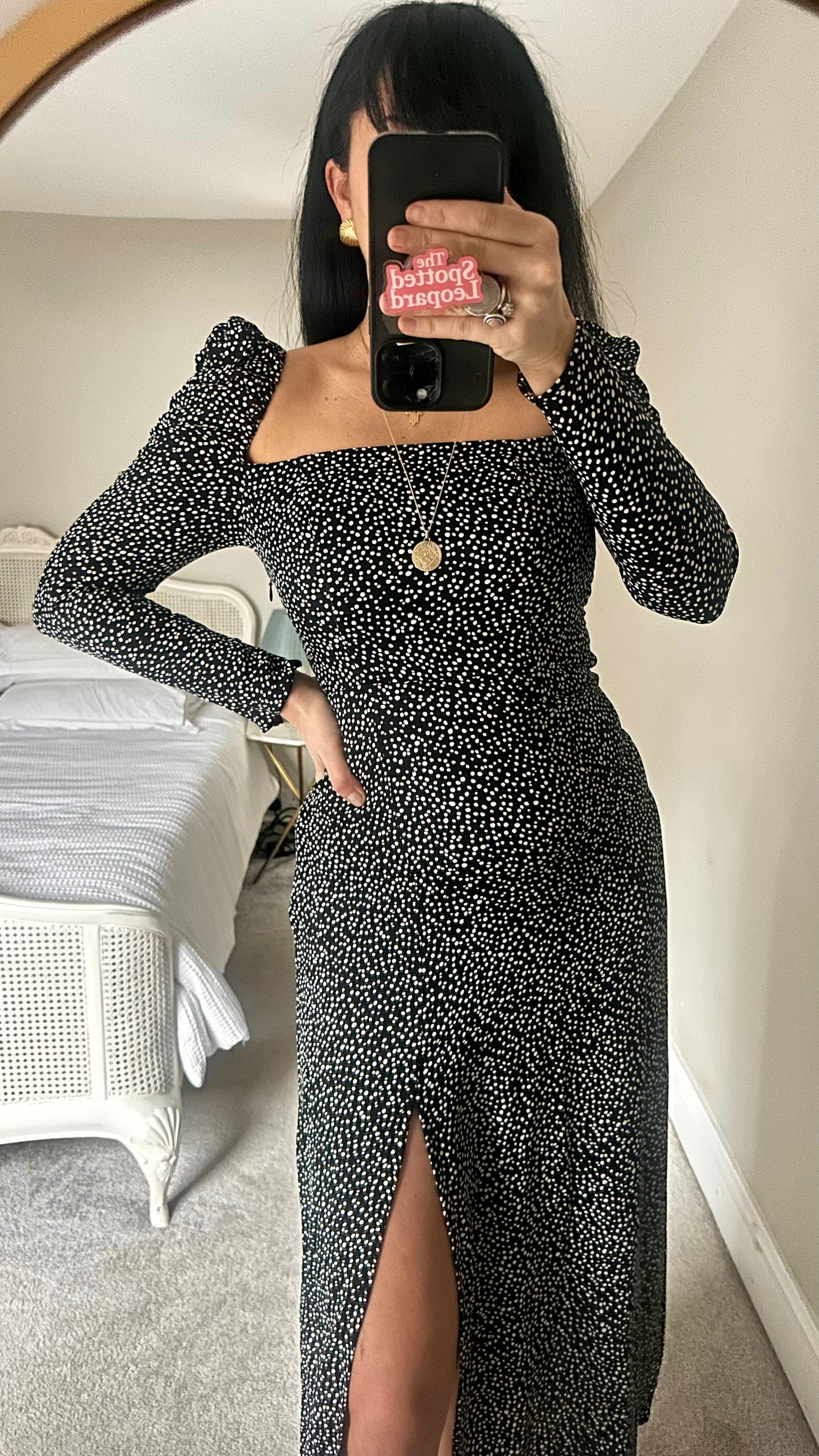 & other stories black white polka dot midi side split dress small medium UK 10 12-14 vgc