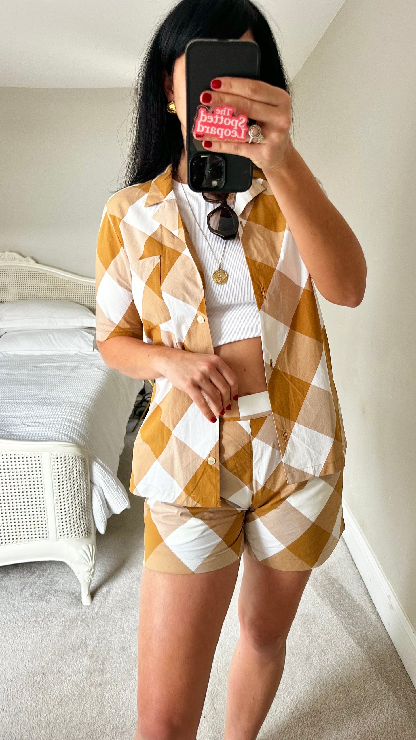 FOLK brown beige white gingham co ord shorts shirt set vgc