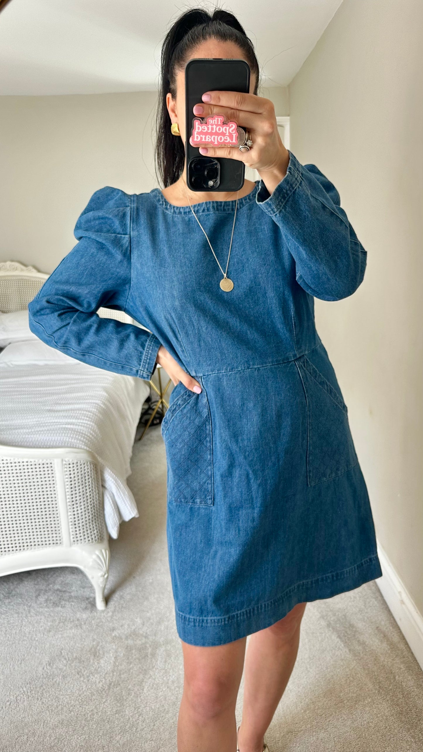 Oliver Bonas blue navy denim jeans medium casual dress mid length UK 14 vgc