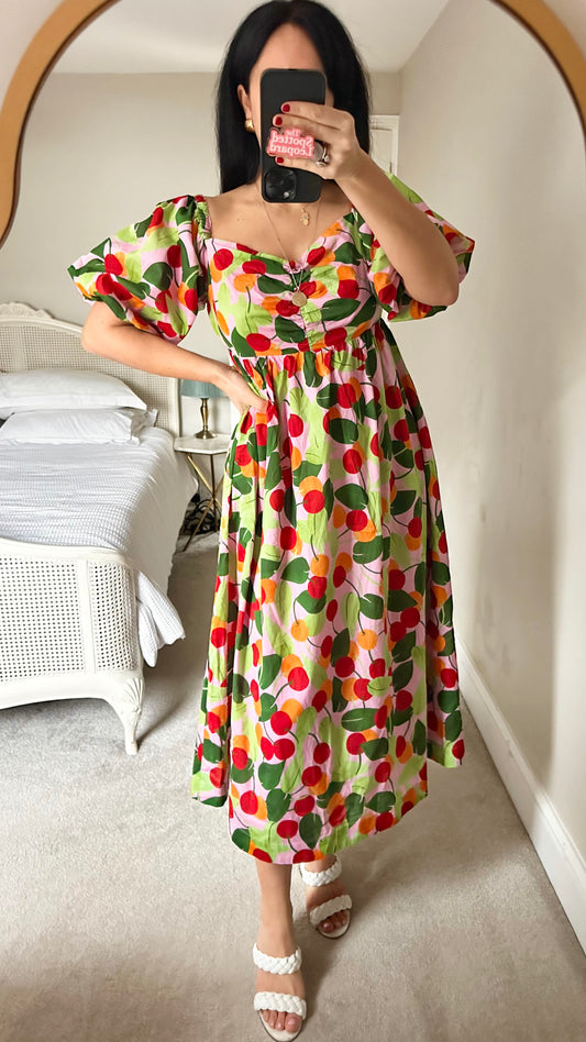 Kitri rose pink cherry fruit print wedding guest event dress medium UK 14 new bnwt