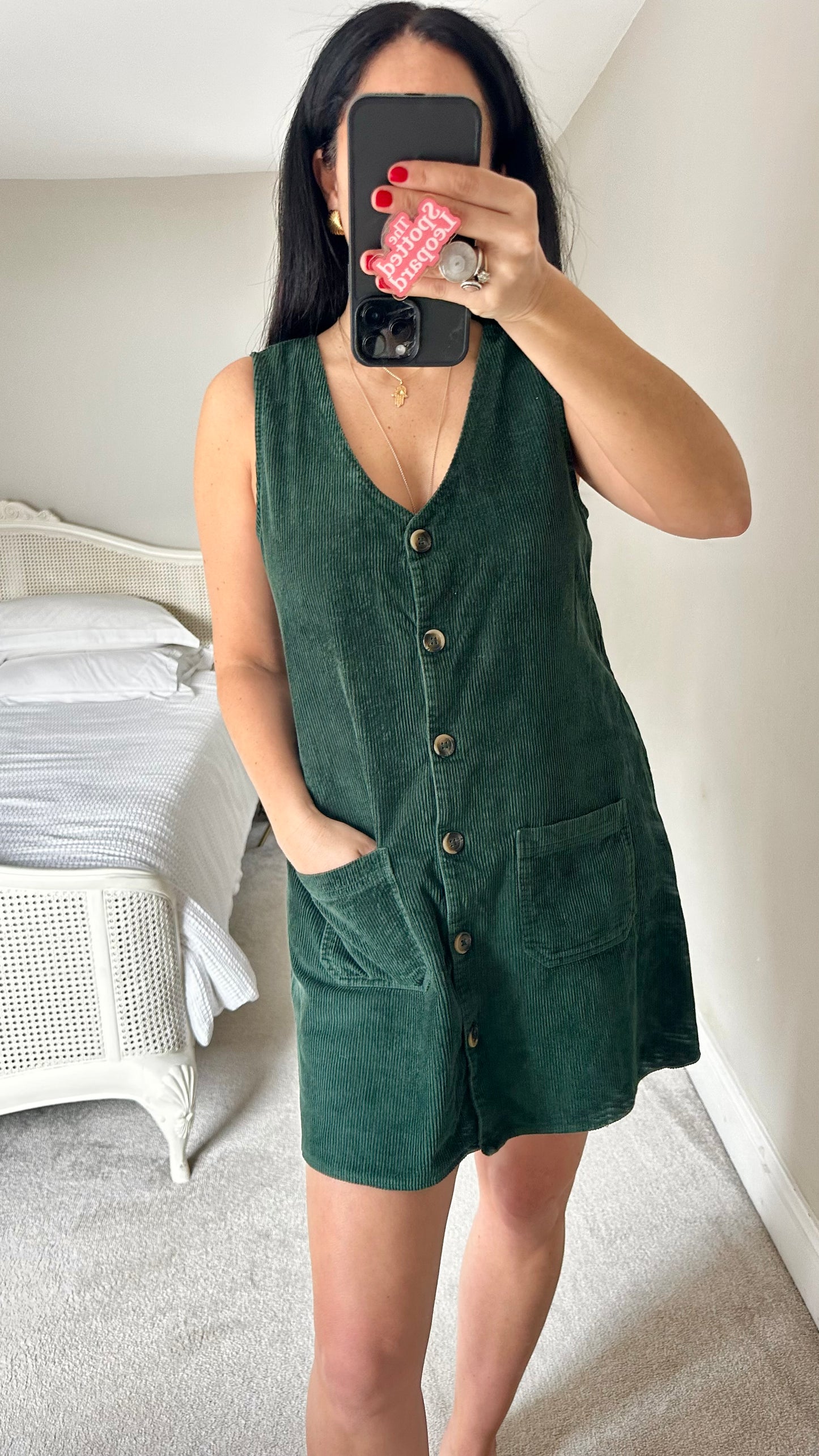 Nobody’s Child forest green corduroy mini button up dress small UK 10 vgc