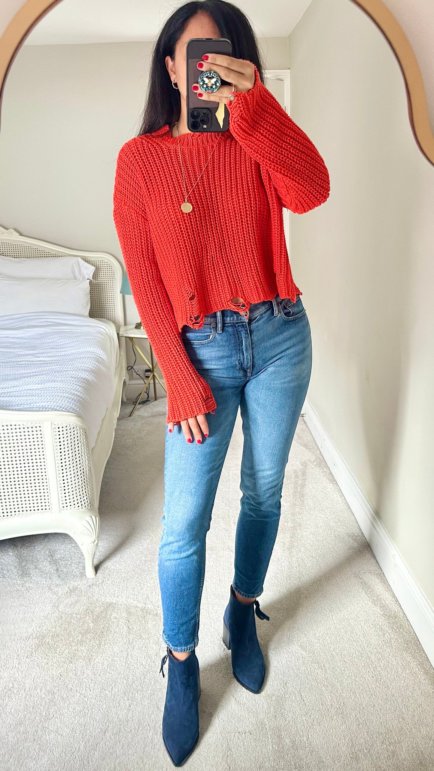 Zara red knitted cotton blend lightweight distressed look jumper small UK 10 vgc