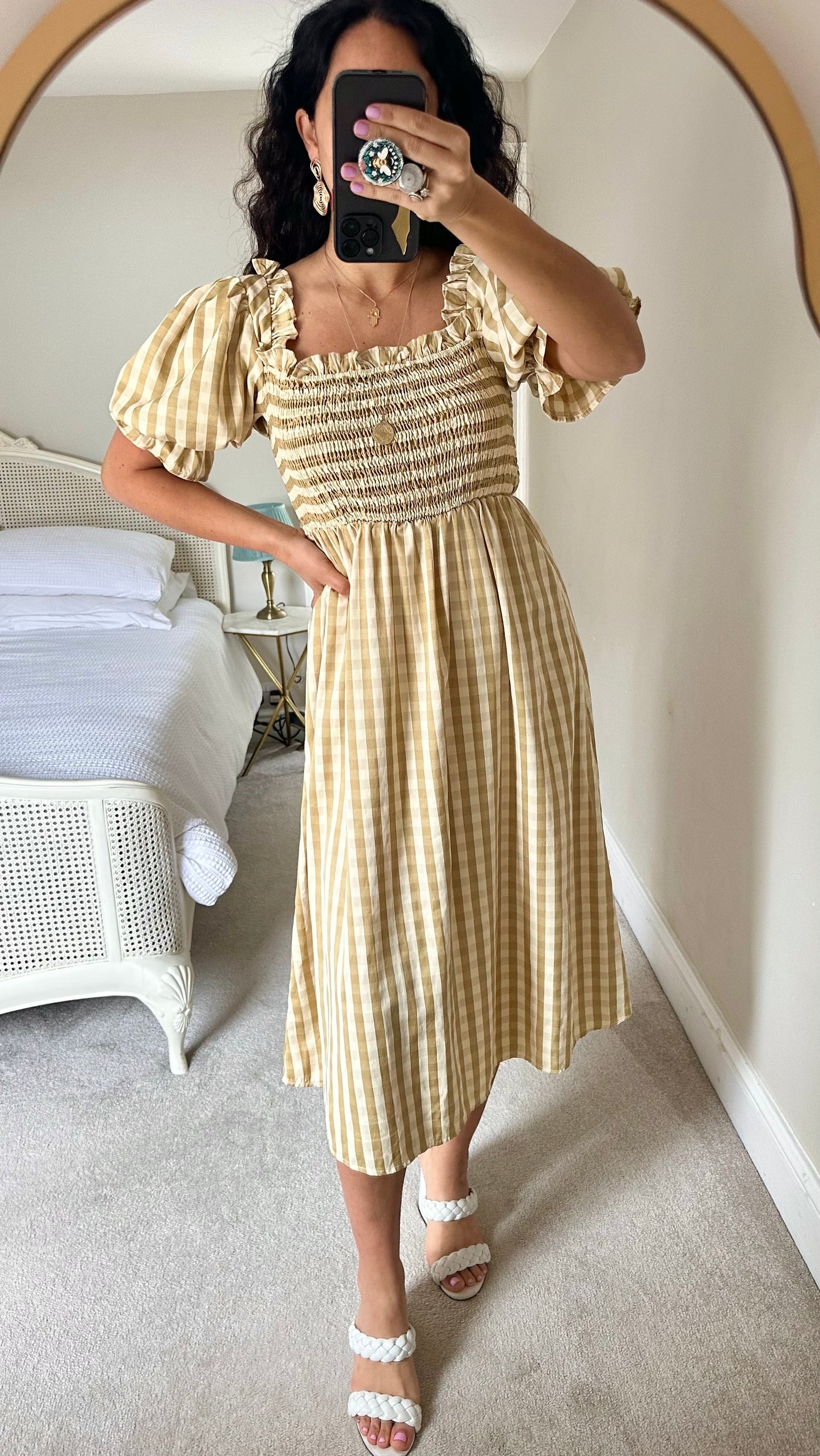 Warehouse cream taupe beige gingham check midi long dress small UK 10