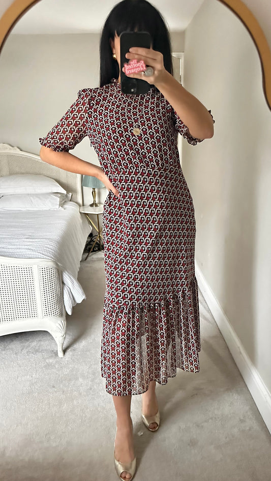 Zara red heart print midi valentines dress long medium UK 12