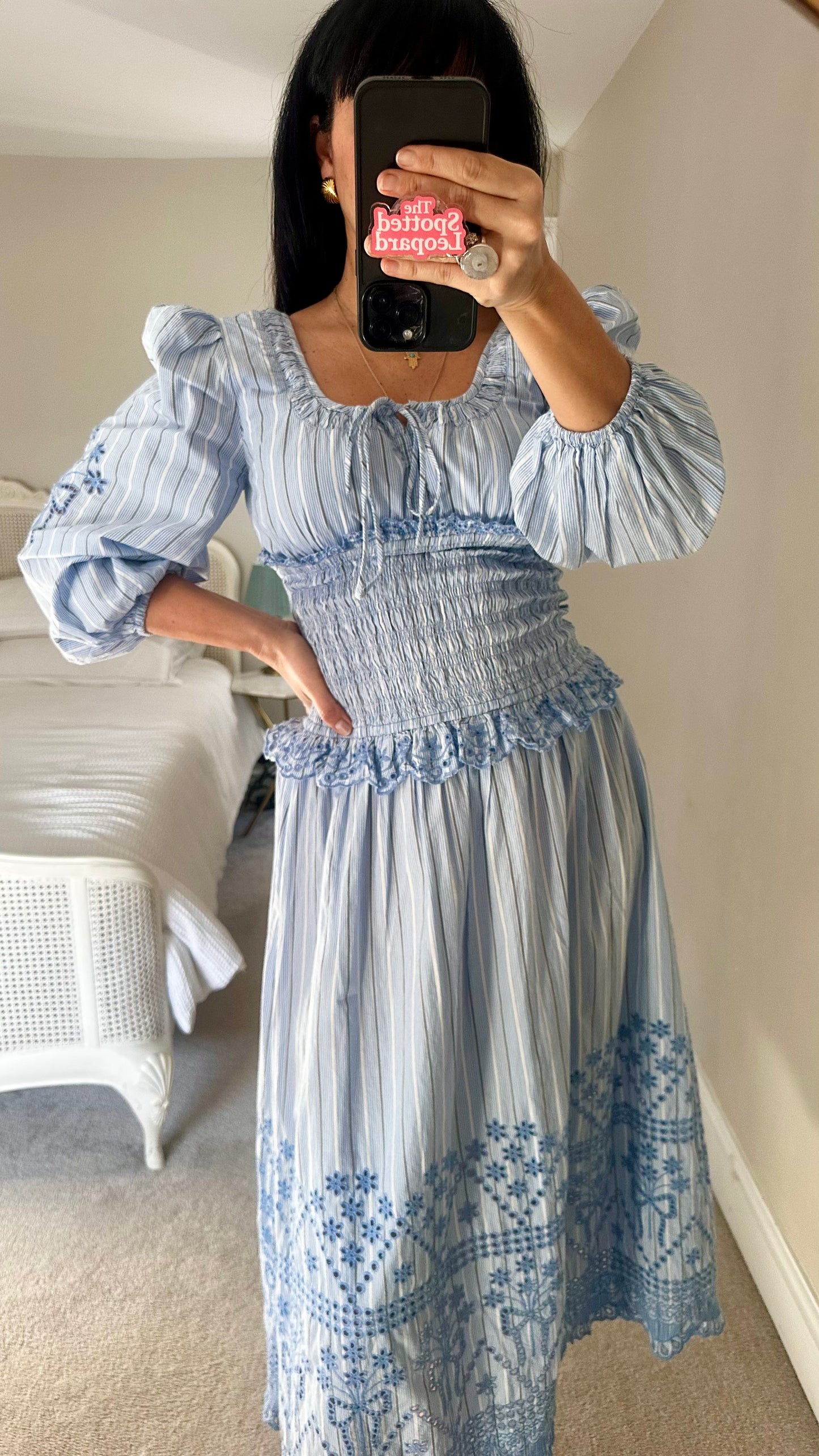 Damson Madder light blue white stripe organic cotton holiday dress midi long medium UK 10-12 vgc