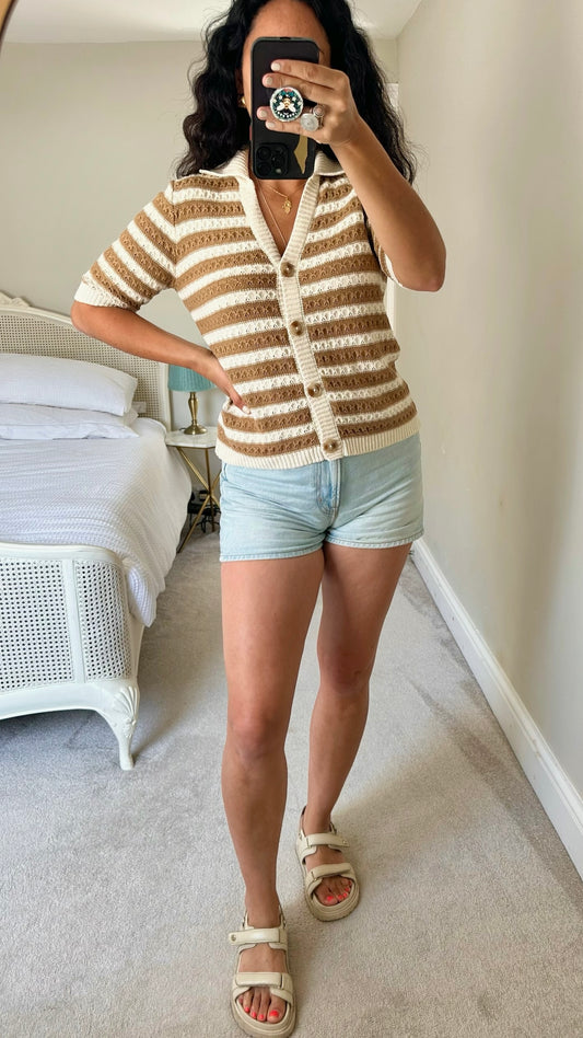 Y.A.S cream tan brown stripe crochet button up short sleeve top small medium SM UK 8-10 vgc