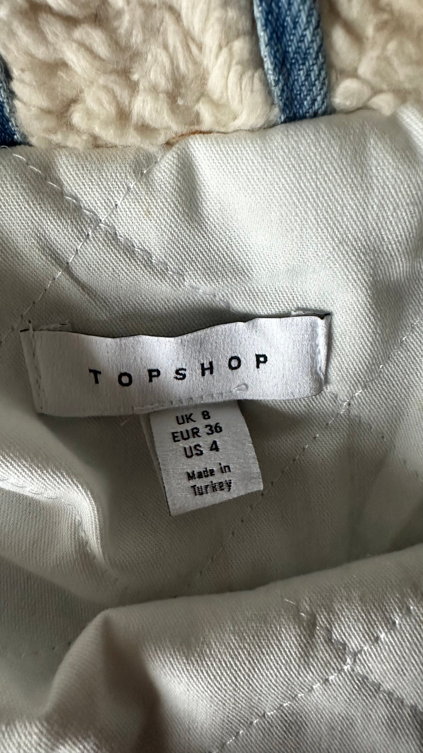 Topshop blue denim faux shearling jacket quilted coat small UK 8-10 oversized vgc