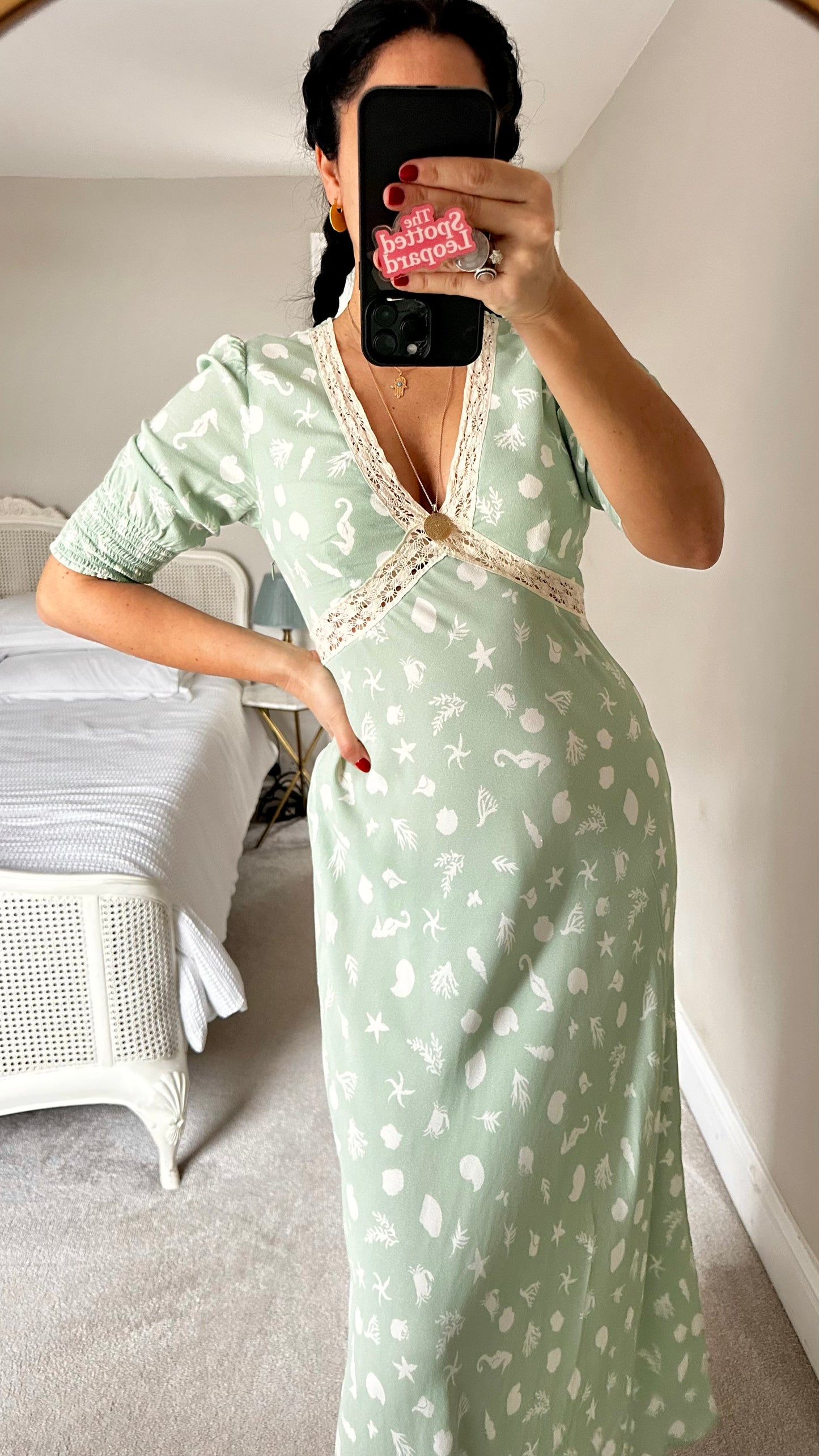 RIXO light mint green beach scene crabs seaside dress midi long UK 10 vgc event wedding guest