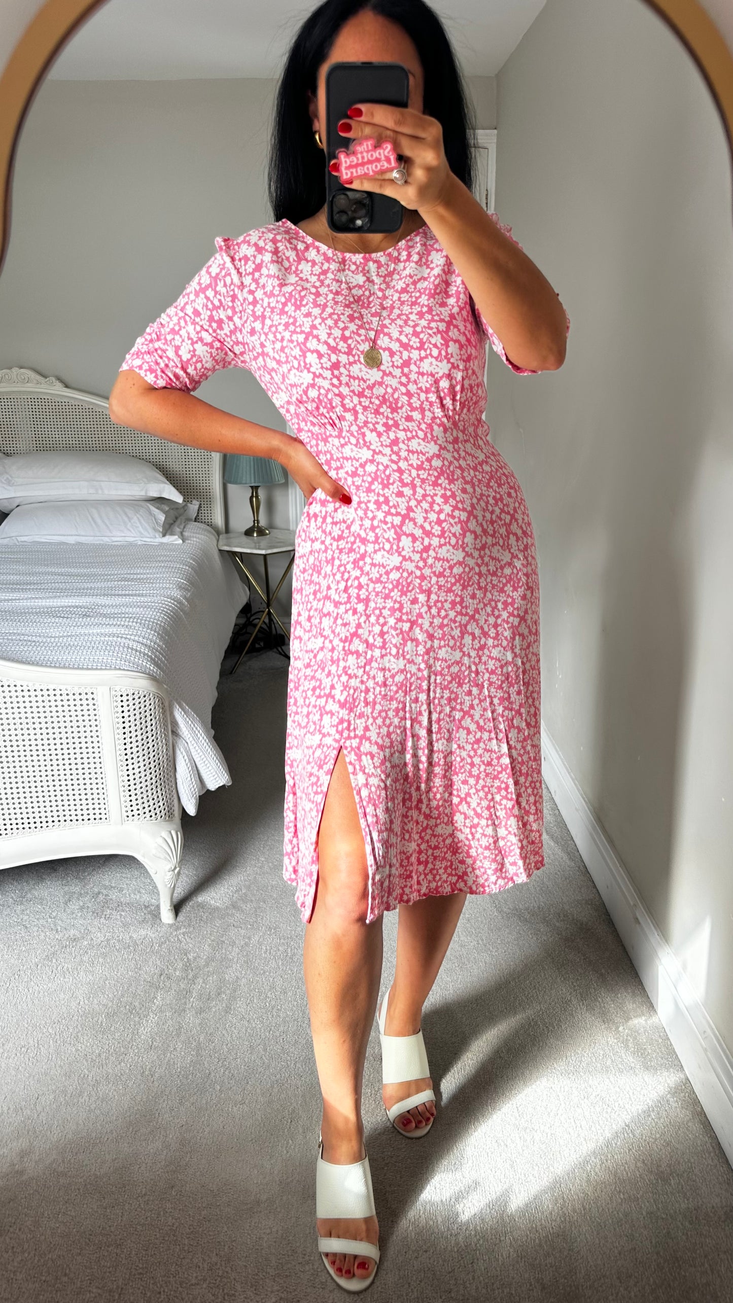 Oliver Bonas rose pink white floral side split midi petite dress small UK 10 vgc