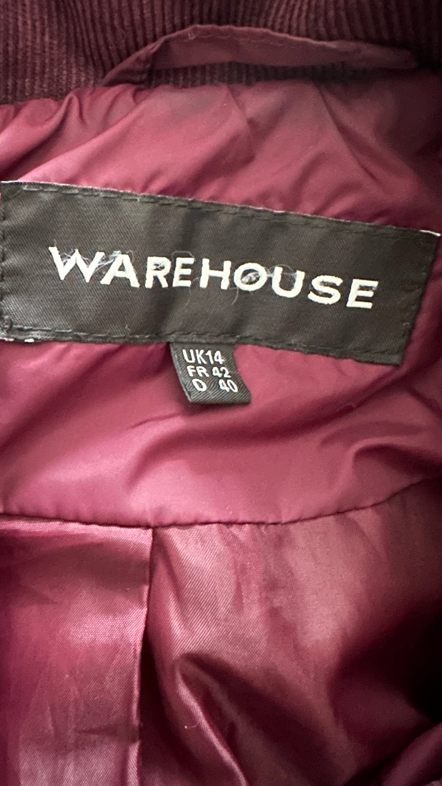 Warehouse burgundy red quilted jacket coat large UK 12-14 vgc