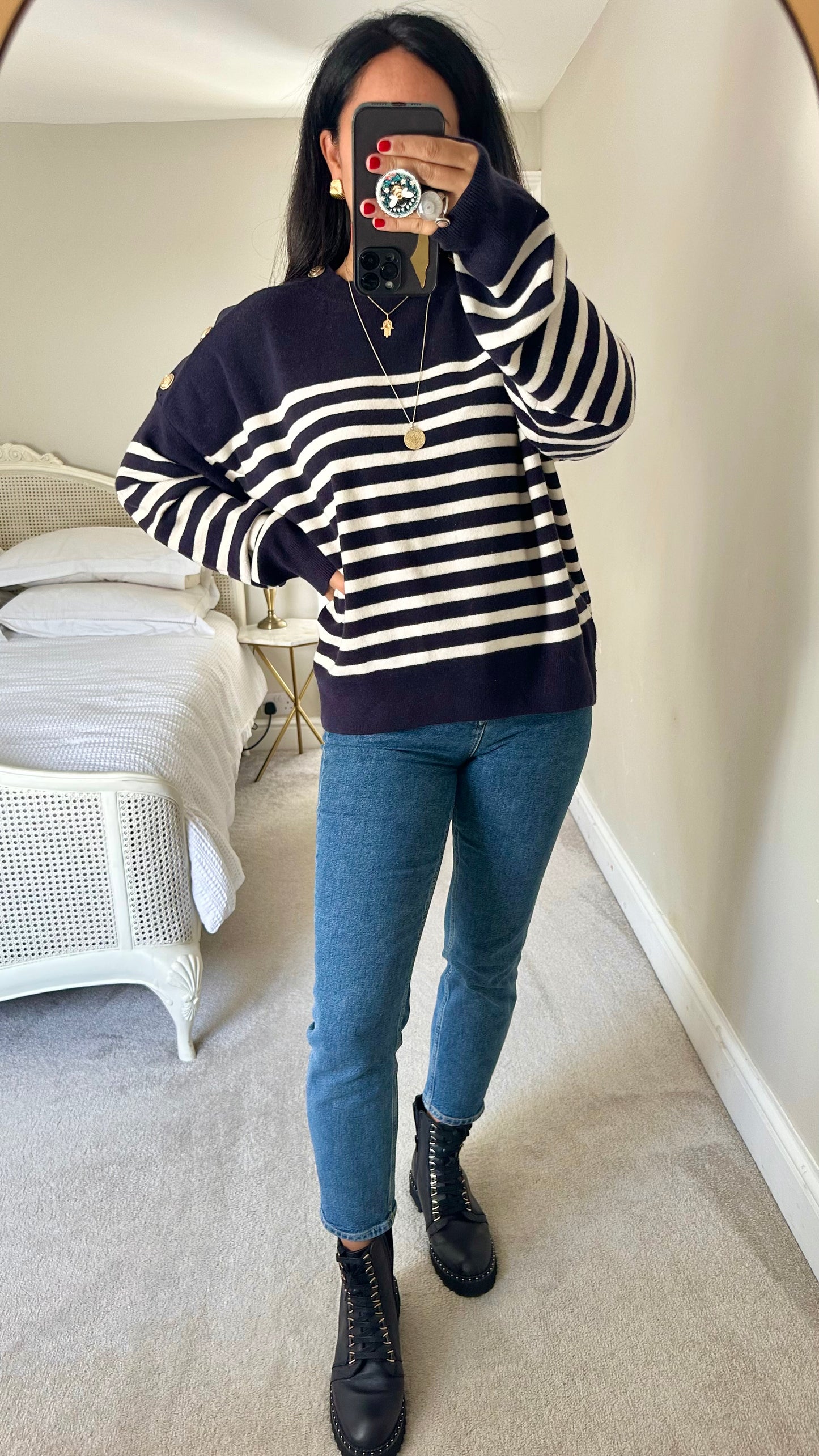 & other stories navy blue white stripe wool blend knitted jumper extra large UK 14 new bnwot w25
