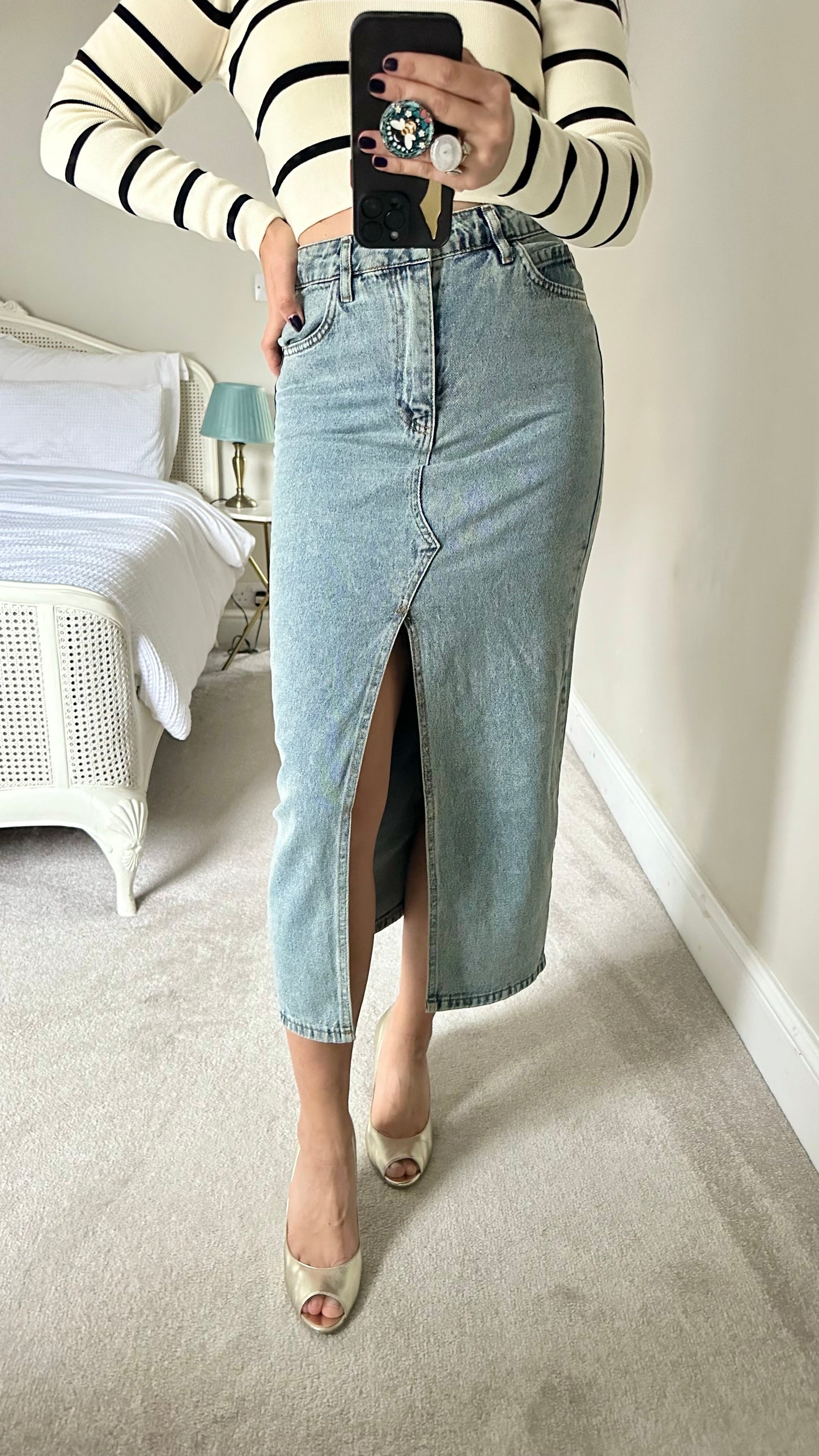 Warehouse front split denim midi long skirt medium UK 10 vgc