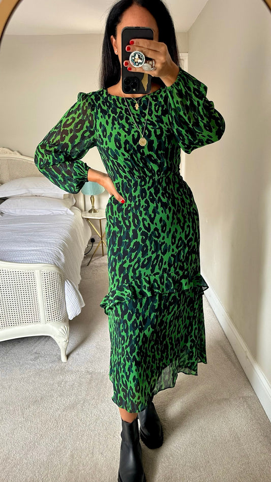 Ro & zo black green animal leopard event dress medium UK 10 vgc w25