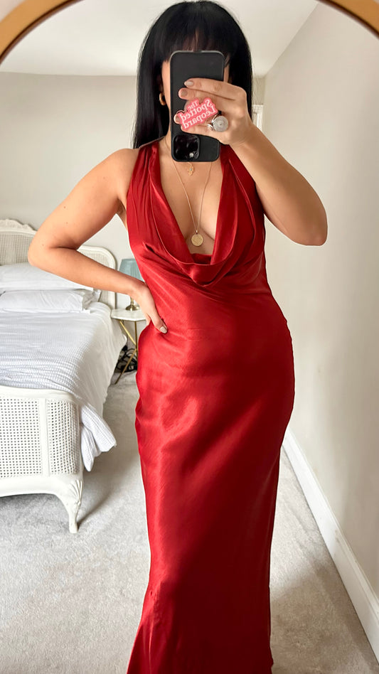 Anthropologie rust red coral satin maxi event wedding guest dress cowl neck new bnwt UK 10 12-14 medium