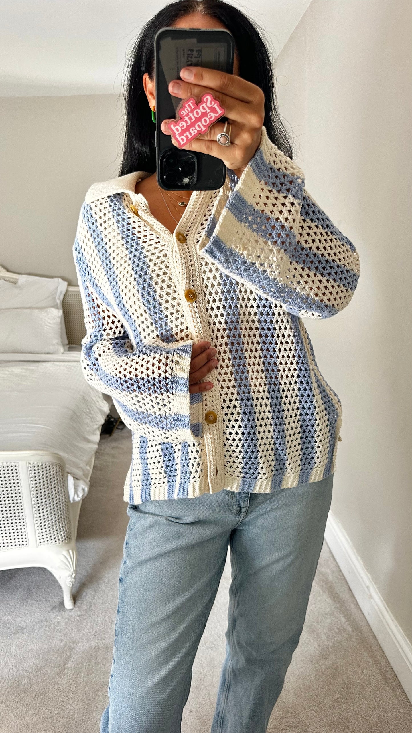 & other stories cream blue stripe net cardigan small medium UK 10-12 vgc