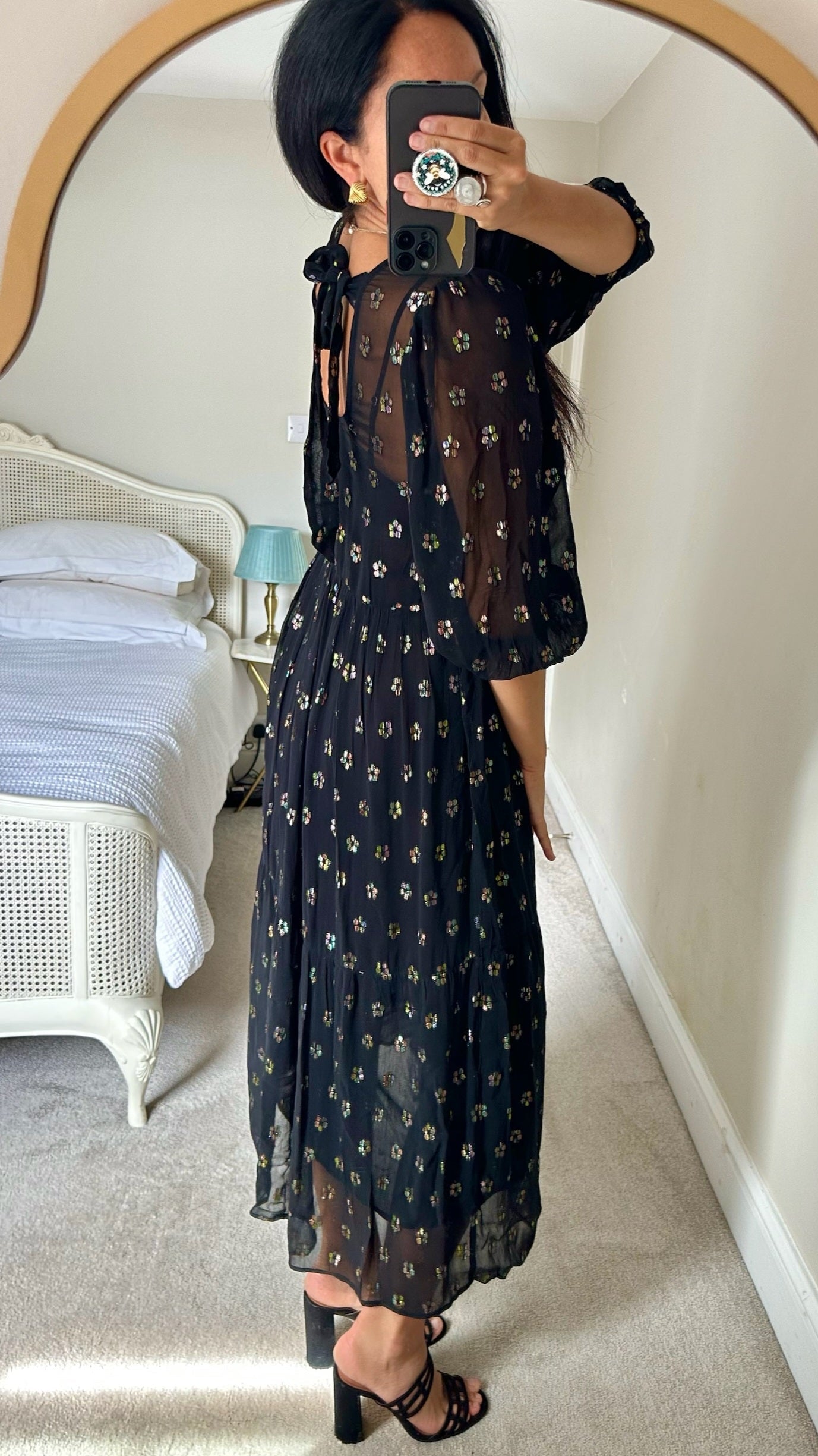 Oliver bonas black metallic multi colour daisy midi maxi long event dress small UK 8