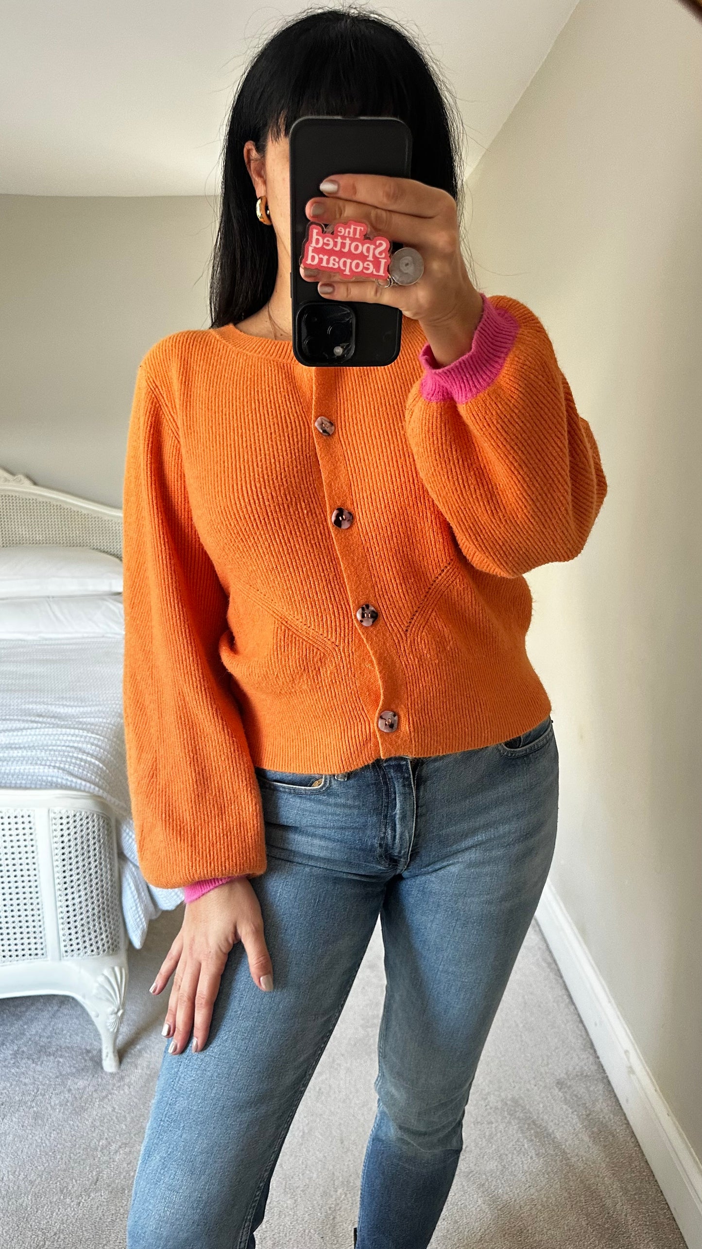 Oliver Bonas Orange pink knitted cardigan jumper medium UK 12 vgc