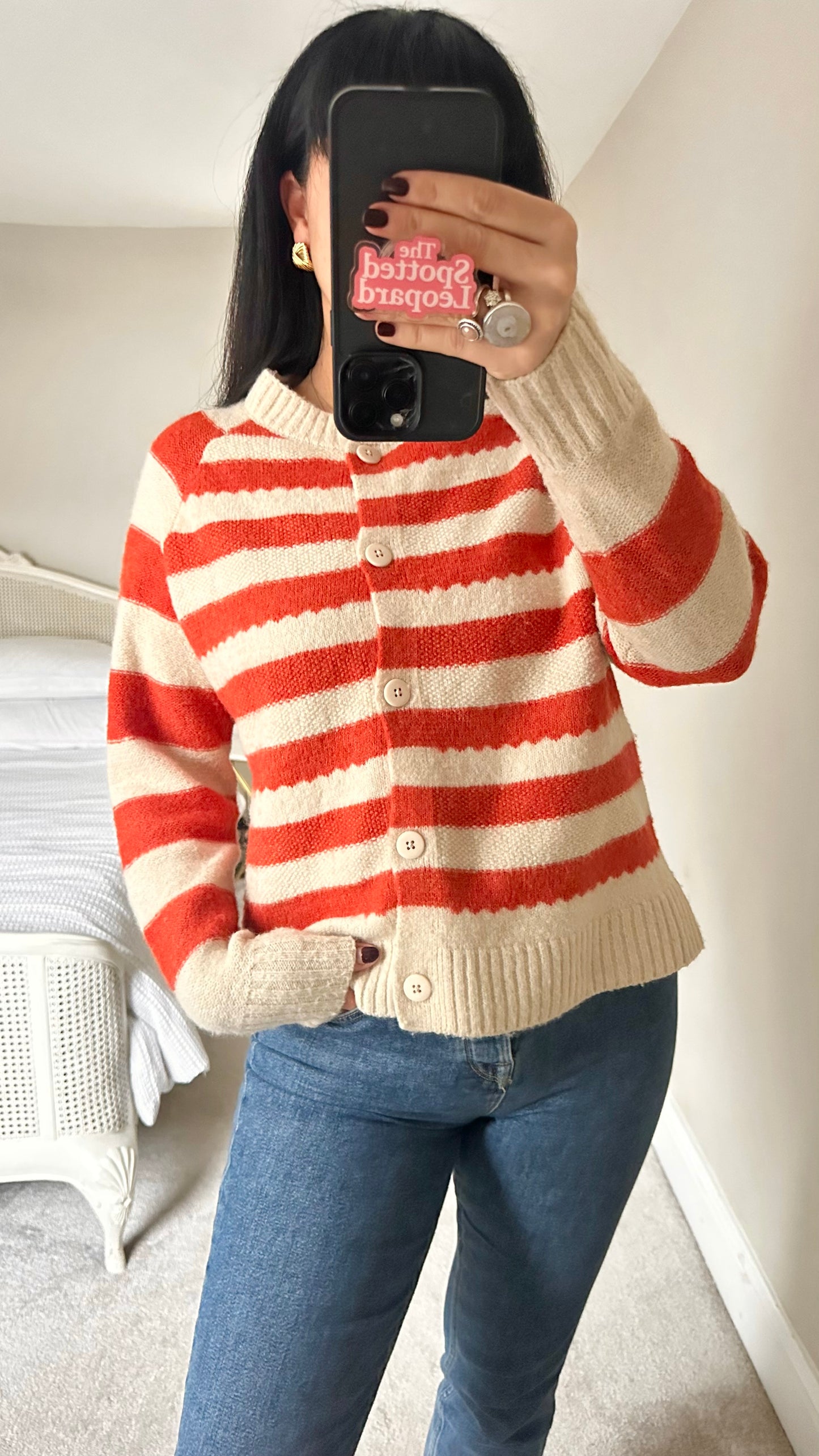 ICHI red beige stripe knitted cardigan jumper large UK 14 vgc