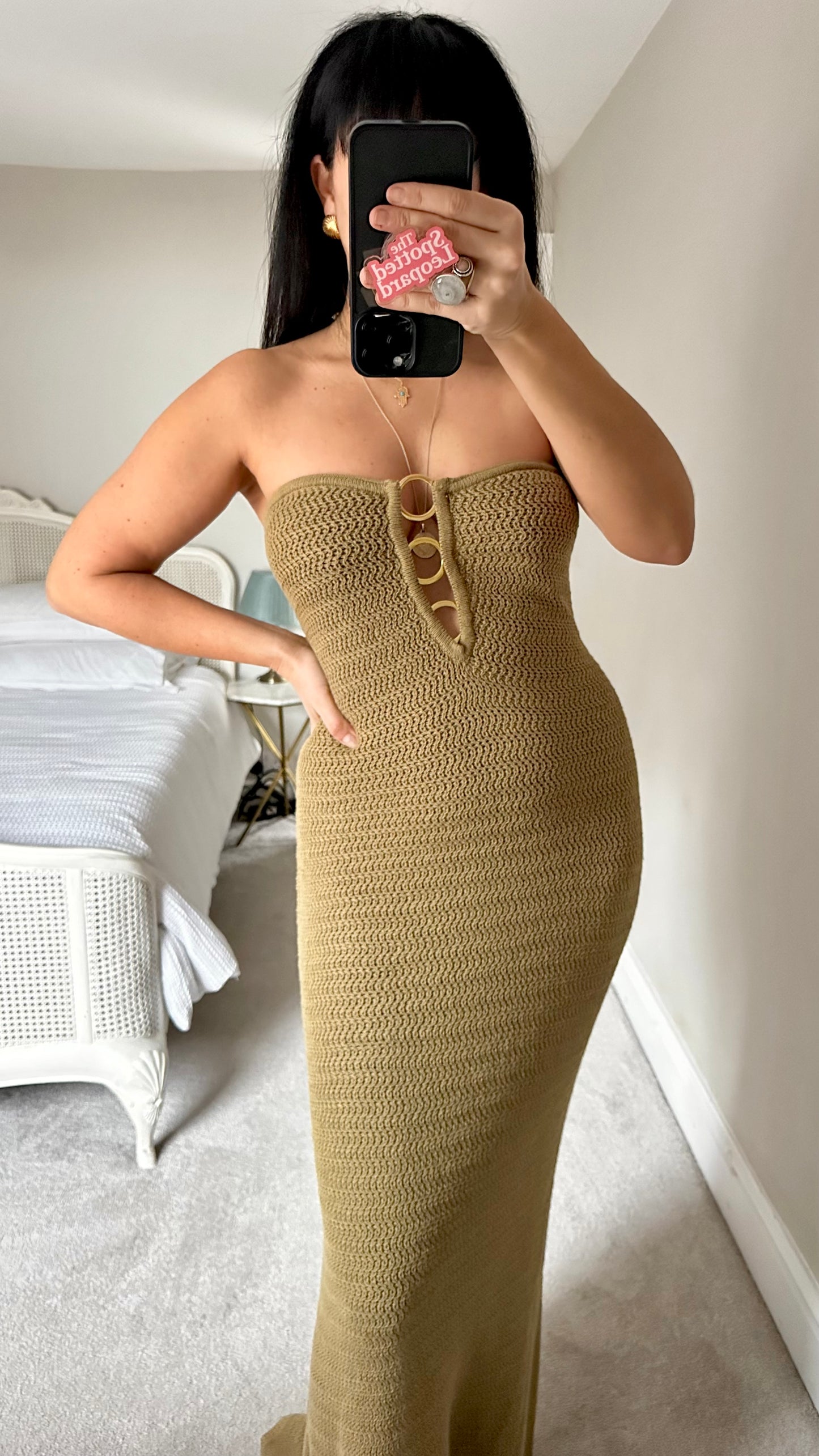 4th & Reckless khaki gold crochet knitted strapless holiday dress maxi long large UK 14 new bnwt