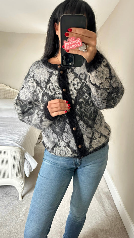 Pitlochry black grey monochrome vintage mohair blend button up cardigan small medium SM 8-10
