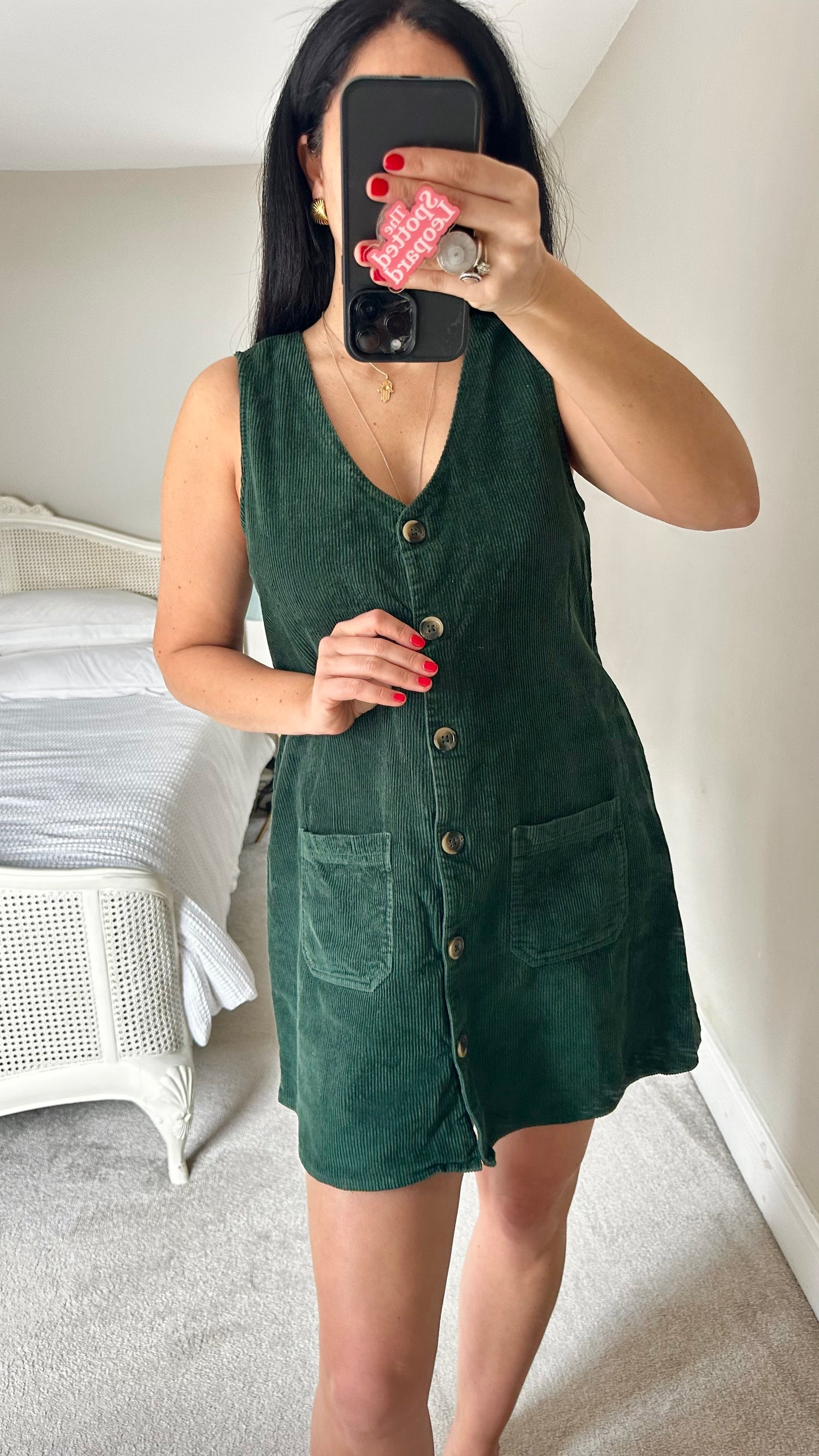 Nobody’s Child forest green corduroy mini button up dress small UK 10 vgc