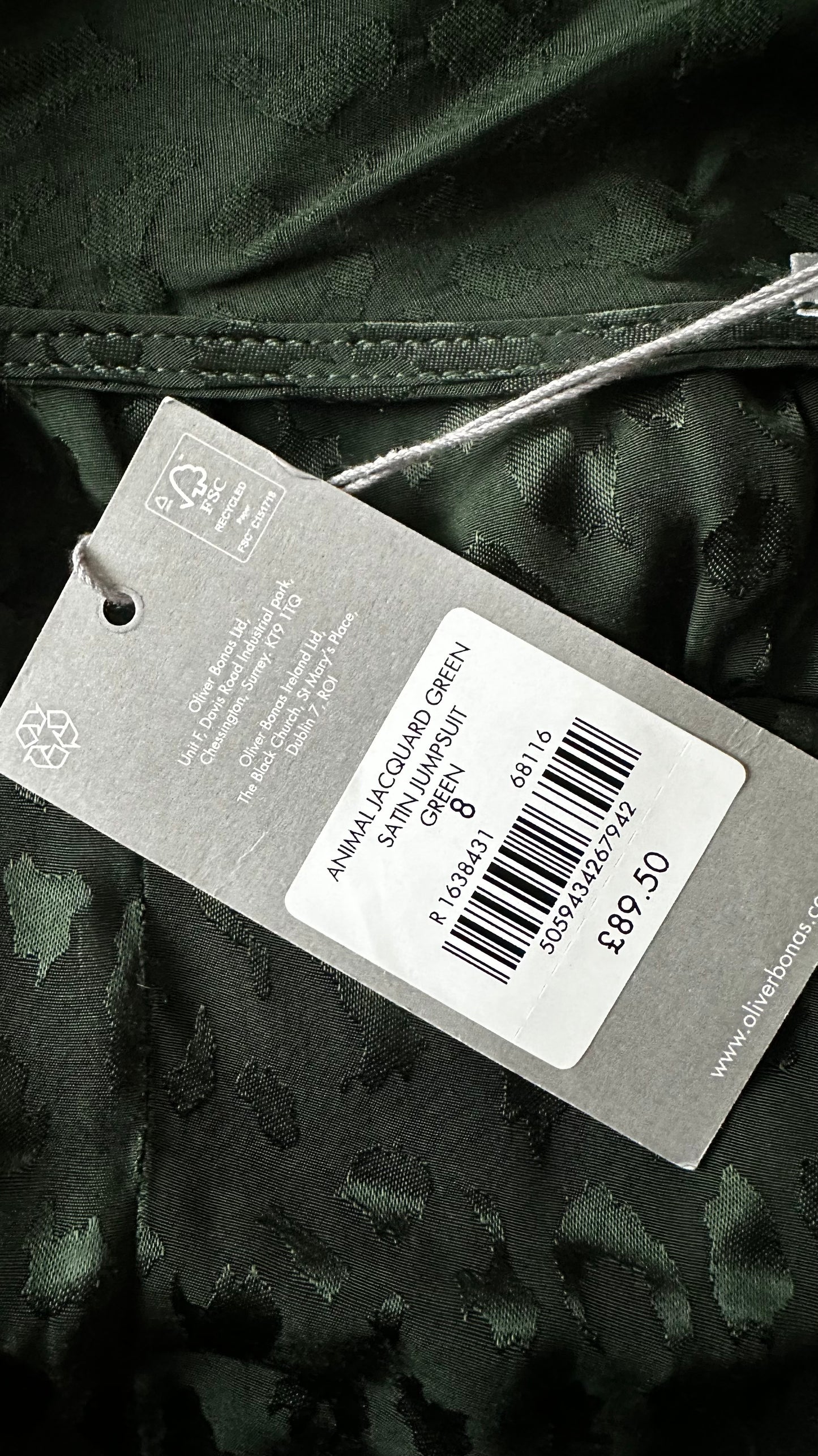 Oliver Bonas dark green animal leopard print jumpsuit trousersuit event small medium UK 8 12