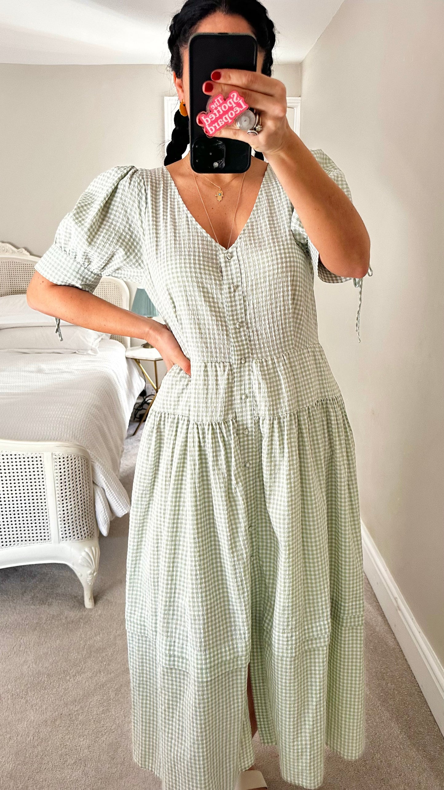 Oliver Bonas light green white gingham check button up holiday sun dress extra small medium UK 6-8 12-14 vgc
