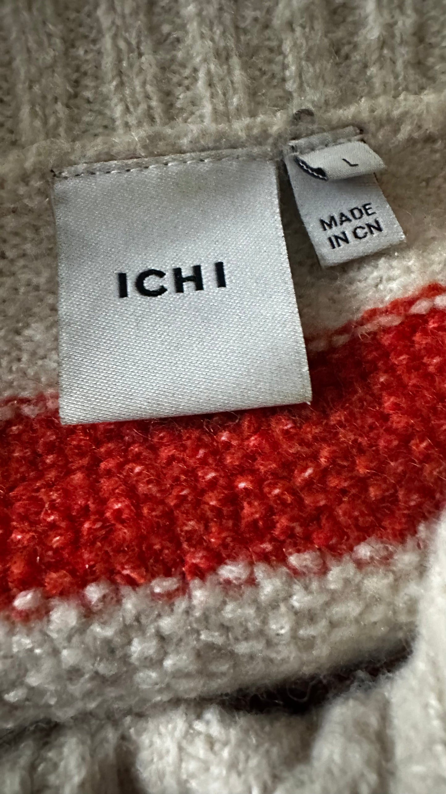 ICHI red beige stripe knitted cardigan jumper large UK 14 vgc