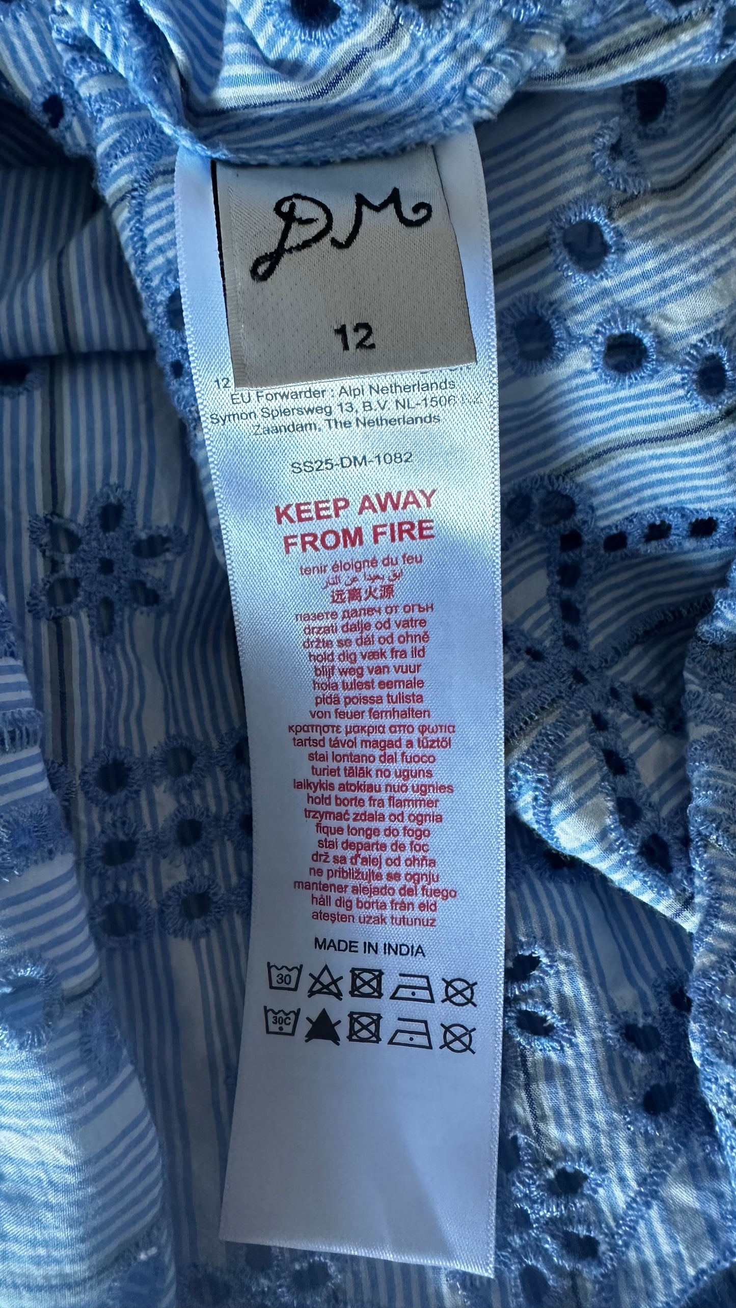 Damson Madder light blue white stripe organic cotton holiday dress midi long medium UK 10-12 vgc
