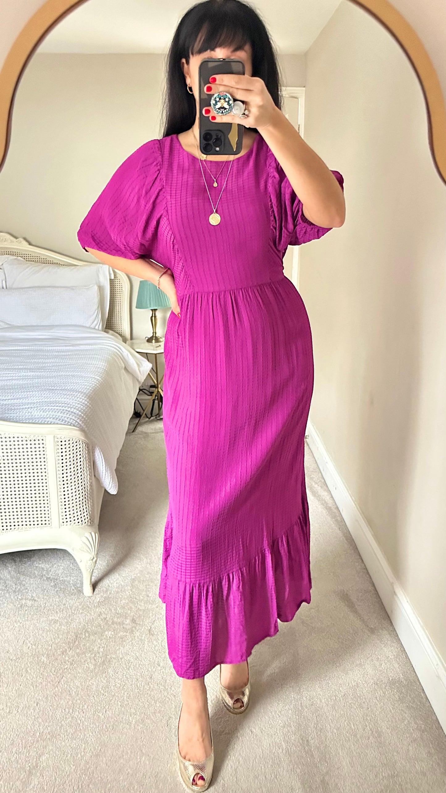 Oliver Bonas berry pink purple textured midi maxi dress extra large UK 14 vgc