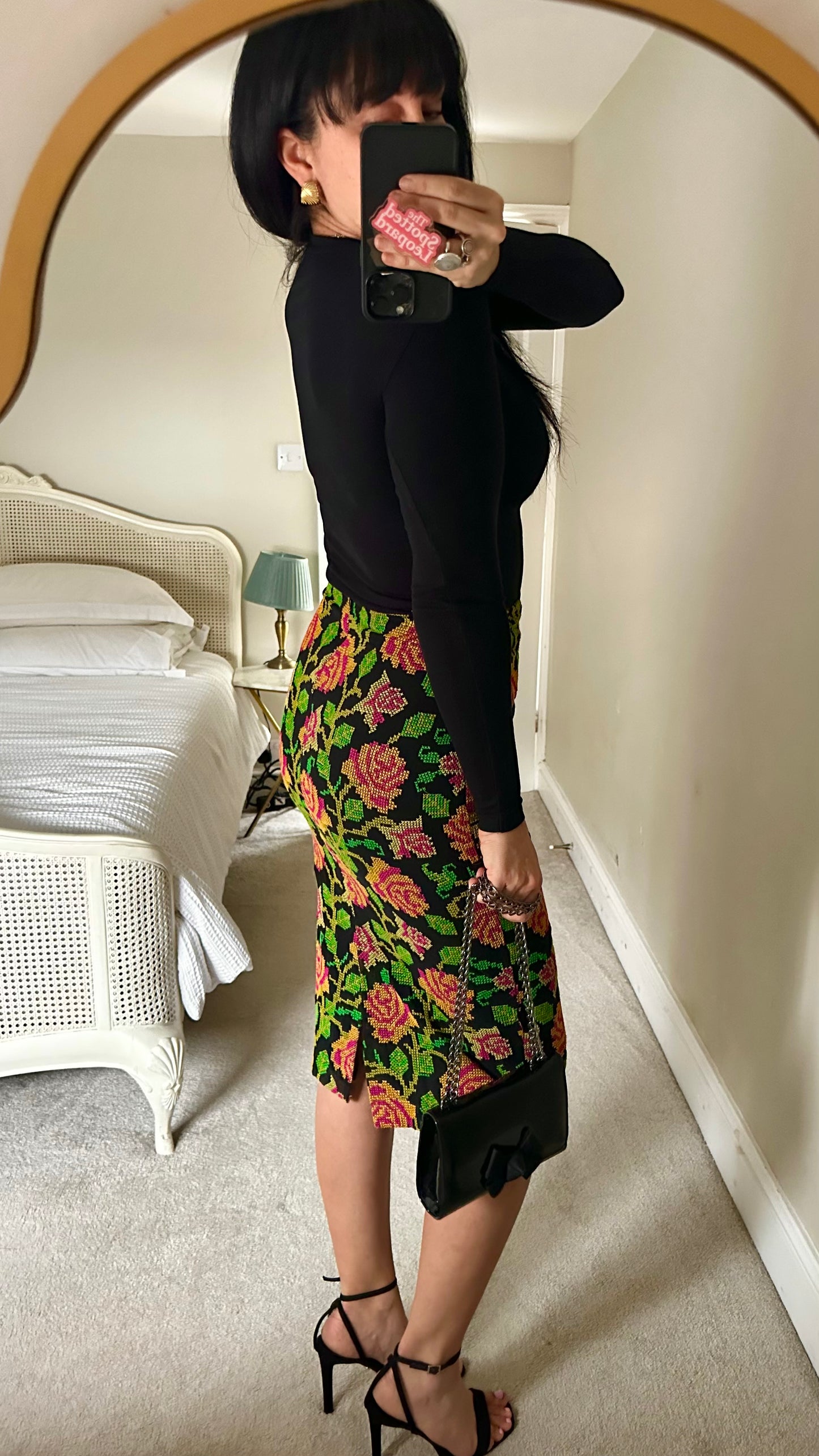 Essentiel Antwerp green yellow pink embroidered midi length skirt small UK 8 vgc