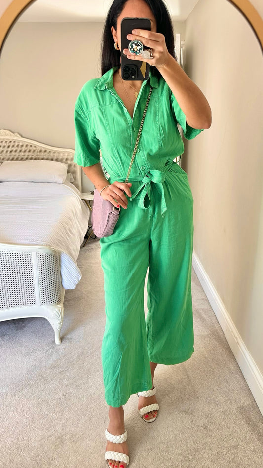Oliver bonas green tie waist jumpsuit boilersuit small S UK 8 vgc