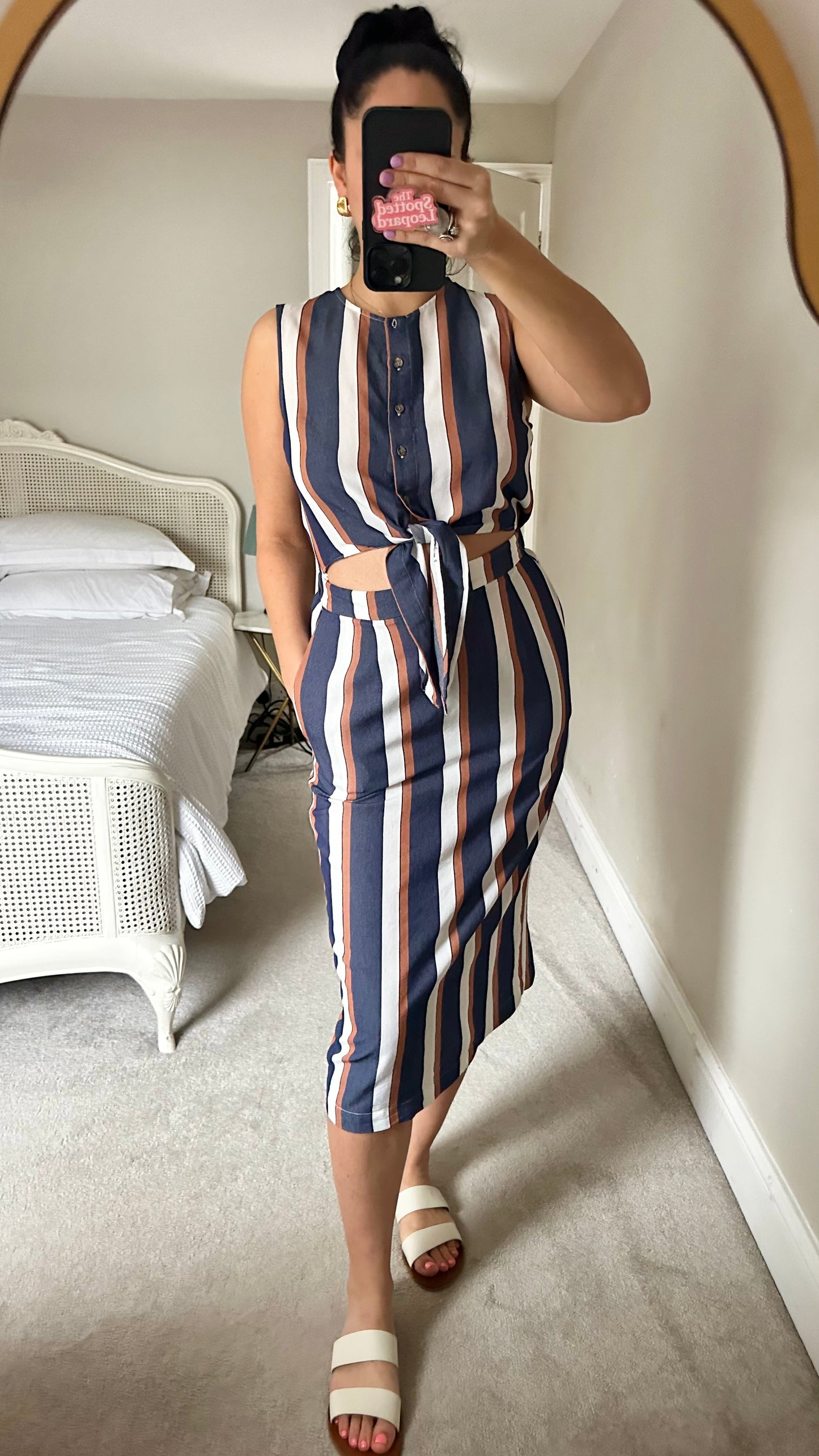 Warehouse navy blue brown stripe sun dress medium UK 10-12 vgc
