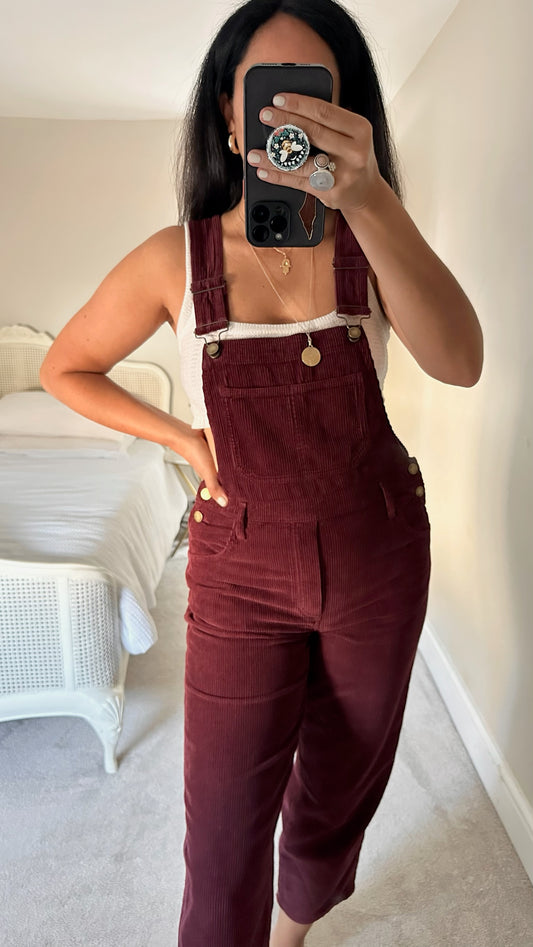 HUSH oxblood red burgundy velvet corduroy dungarees small UK 8 vgc