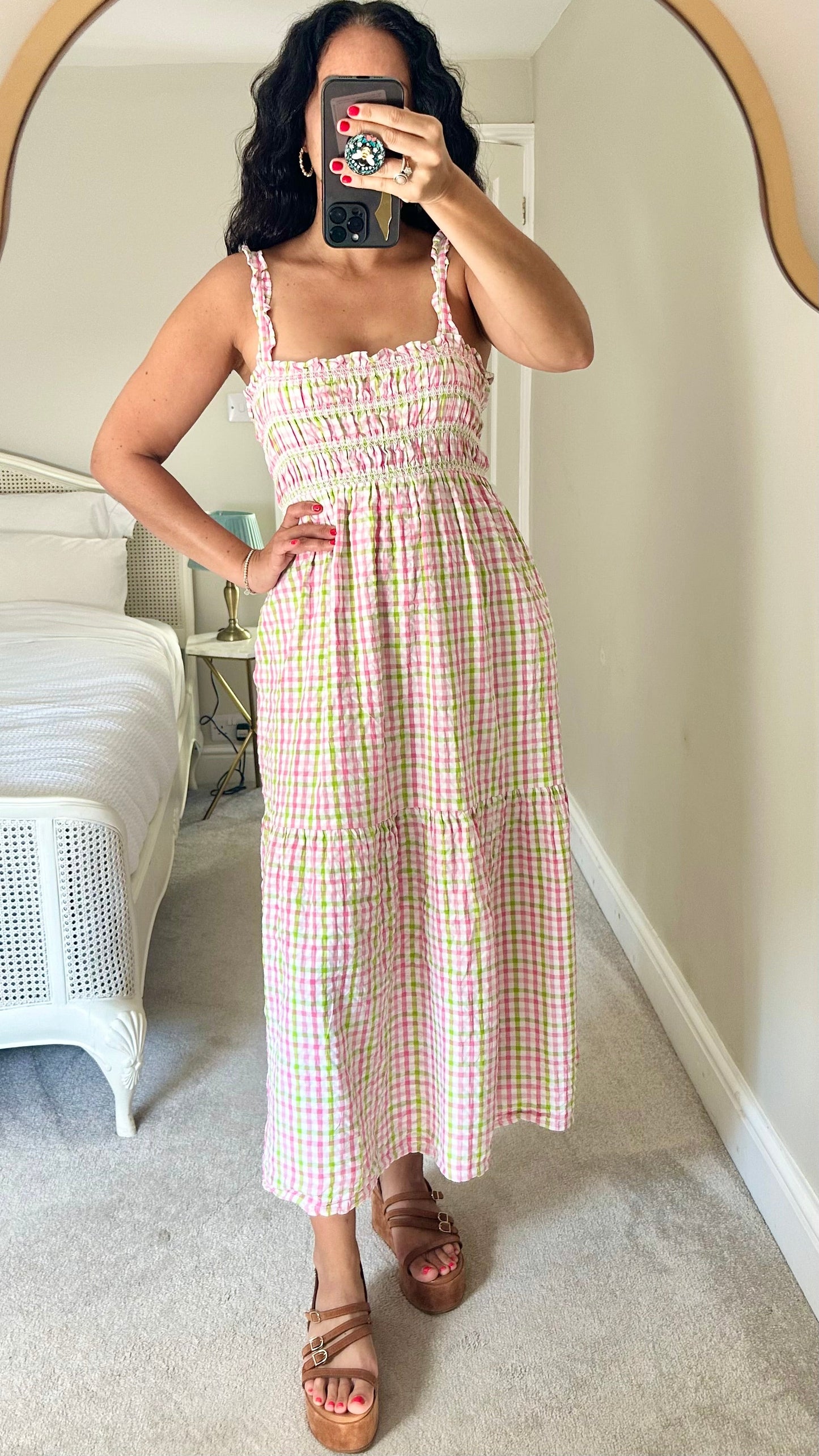 French Connection pink white green gingham check rusched maxi dress large UK 14-16 vgc