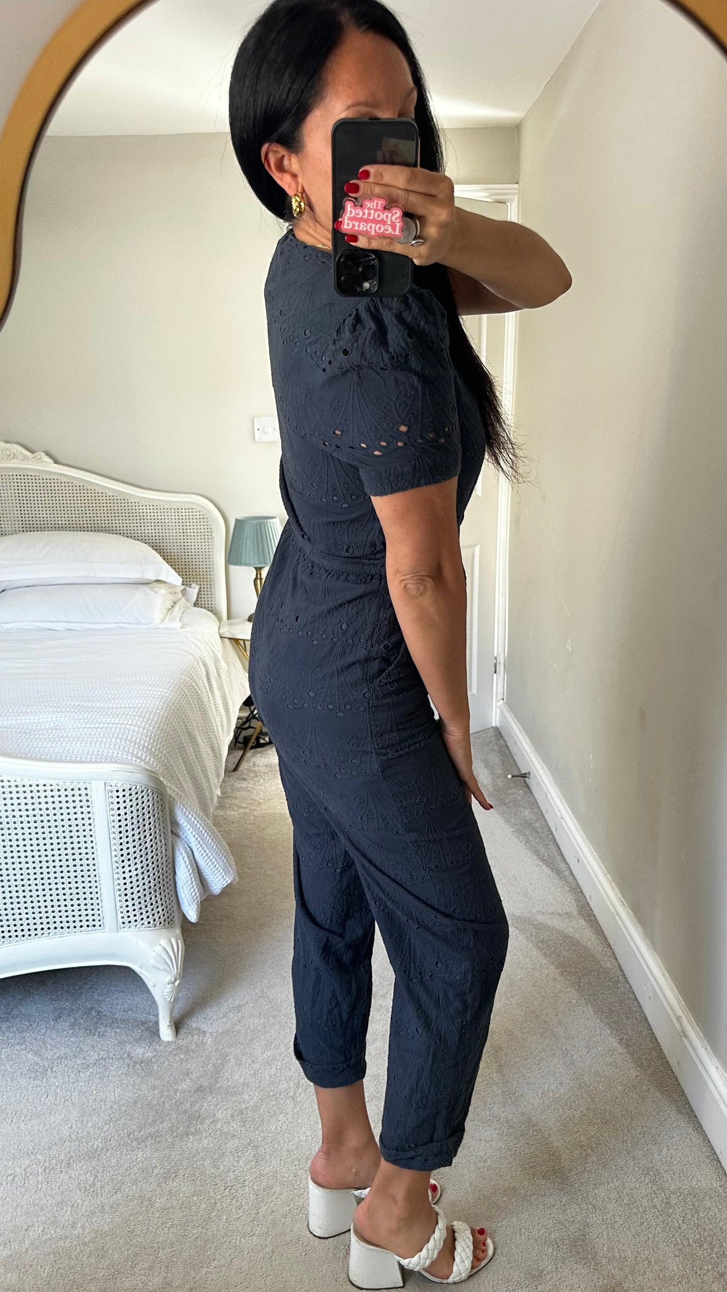 Whistles navy blue broderie anglaise cotton jumpsuit playsuit small UK 10 vgc