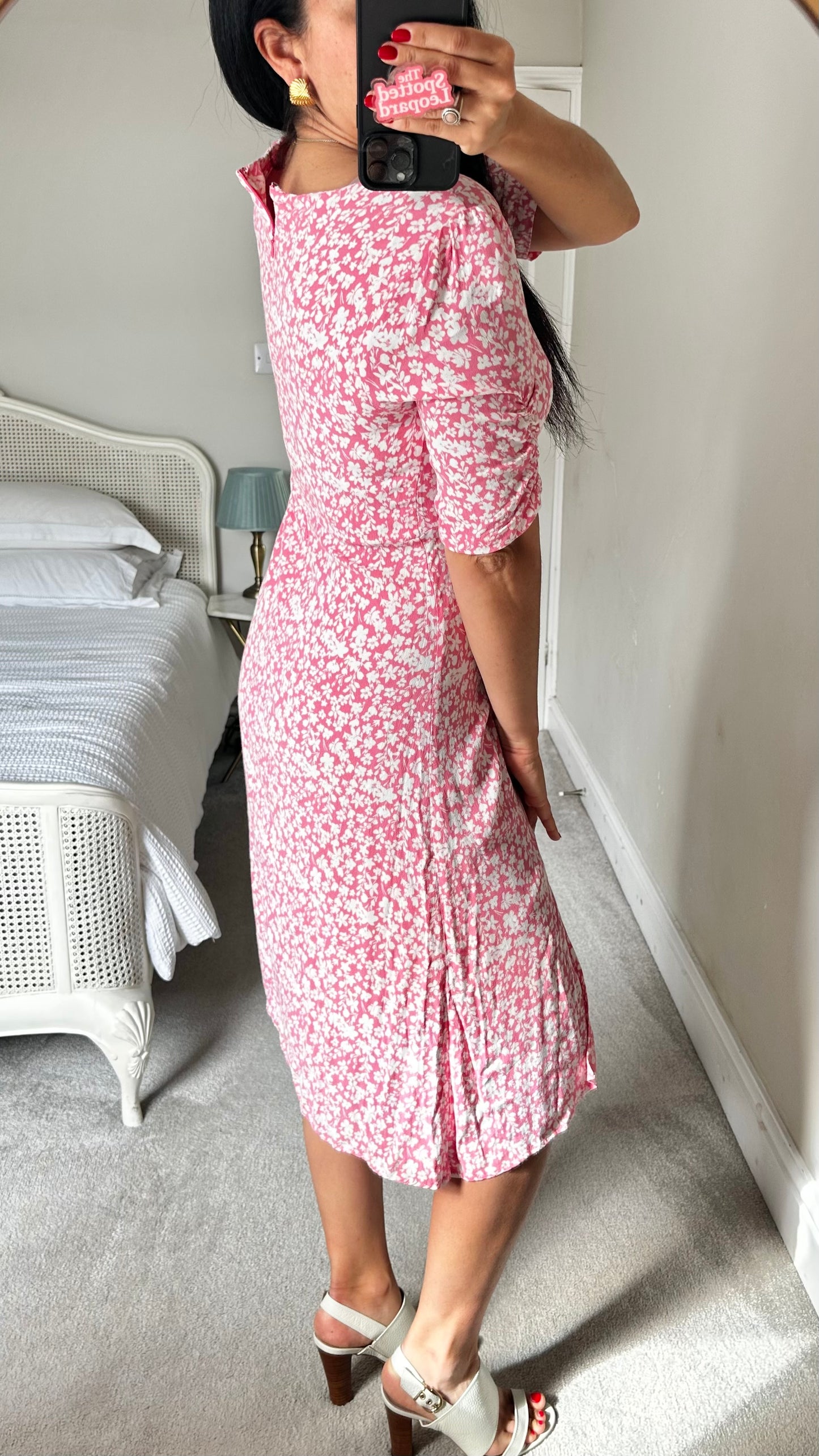 Oliver Bonas rose pink white floral side split midi petite dress small UK 10 vgc