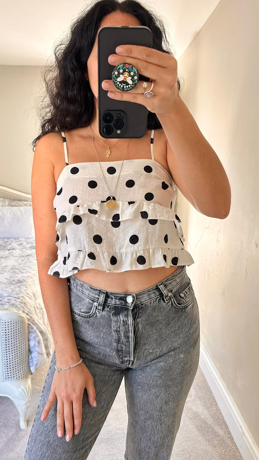 Topshop cream black polka dot ruffle cropped top small UK 8 vgc