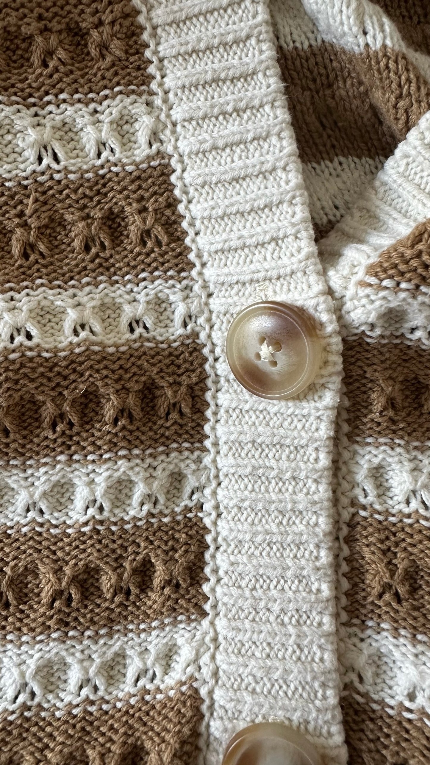 Y.A.S cream tan brown stripe crochet button up short sleeve top small medium SM UK 8-10 vgc
