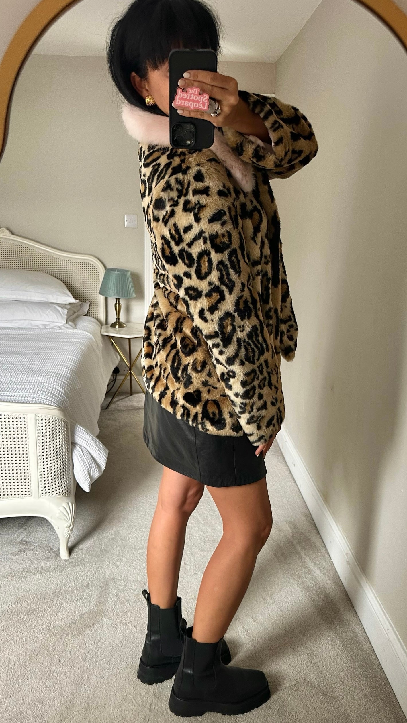 Topshop leopard print pink faux fur jacket coat large L UK 12 excellent used condition