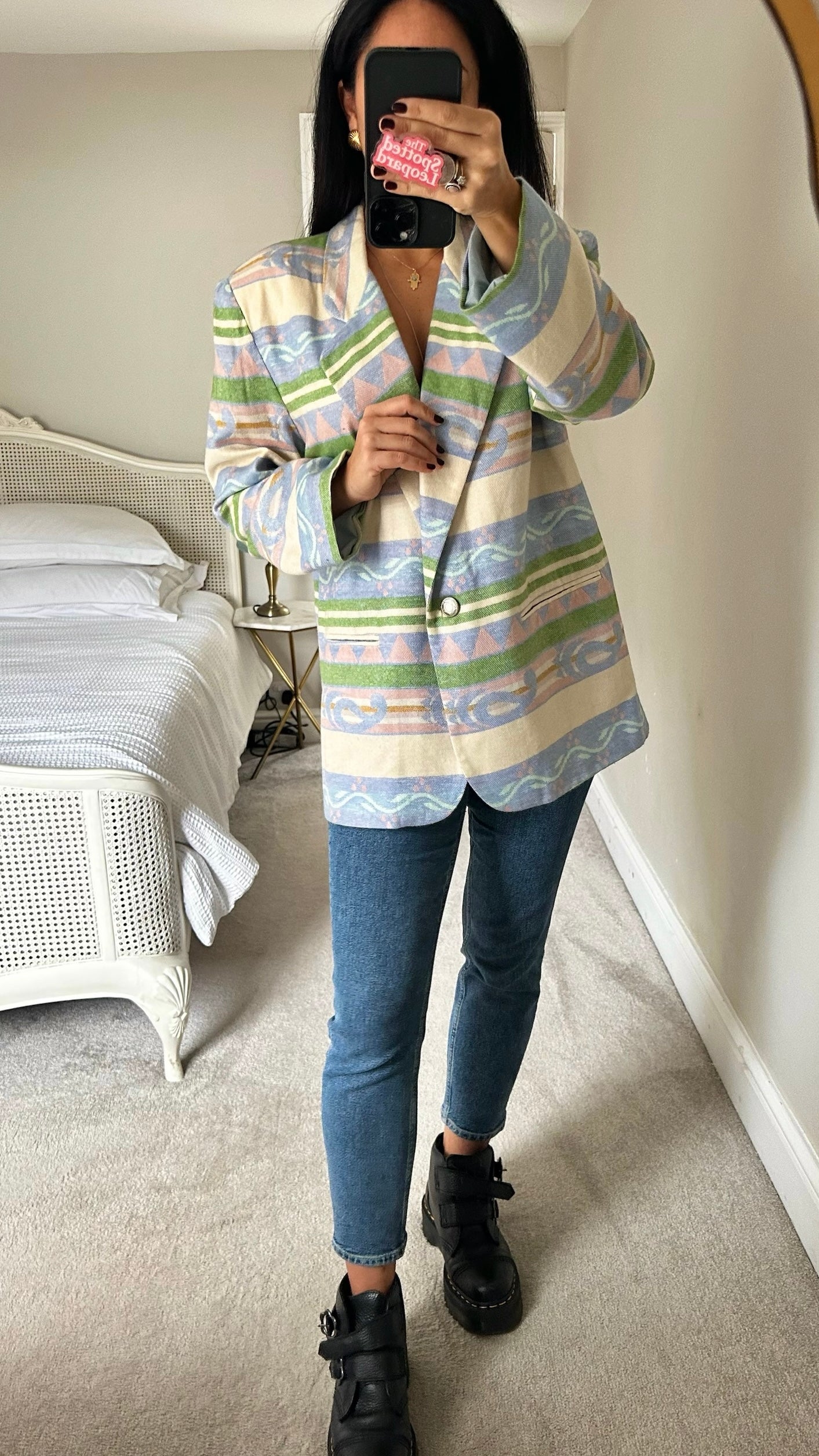 Blassport light blue cream pink Aztec print vintage blazer extra large XL UK 14 excellent used condition