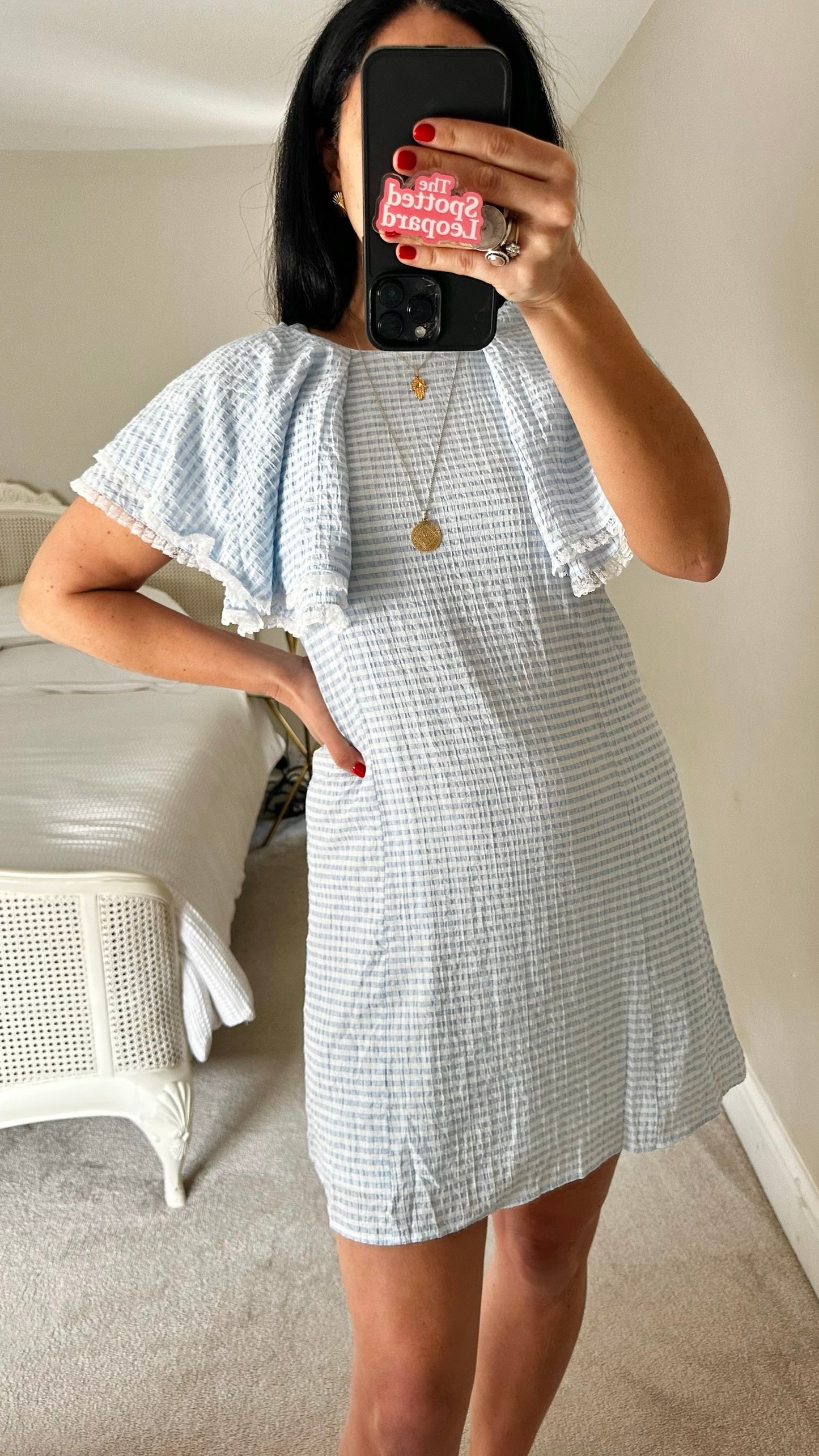 Sister jane light blue check frill sleeve mini dress small UK 10 vgc